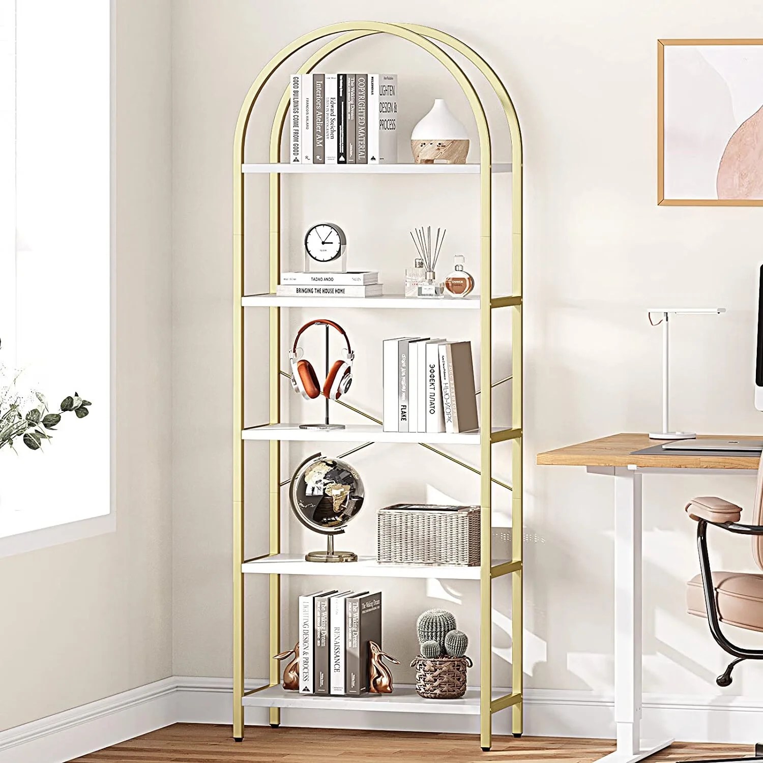 5 Tier Bookshelf, Arched Metal Frame Bookcase with Wood Shelf, Tall