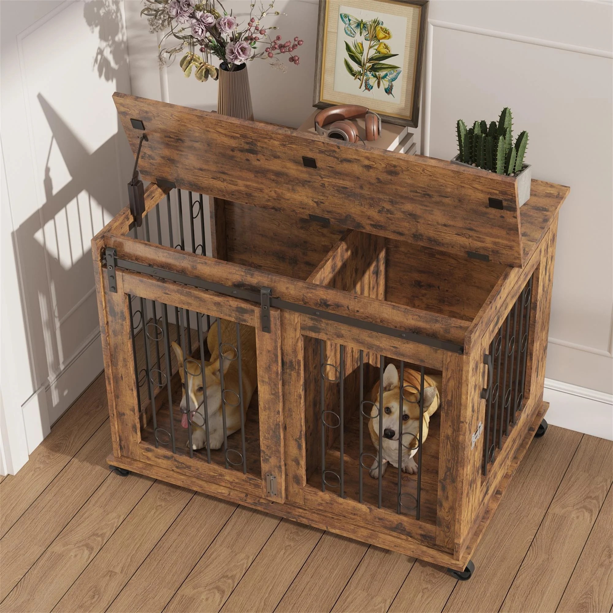 Pefilos 39" Wooden Dog Crate for Medium Dogs Indoor Sliding Door Dog
