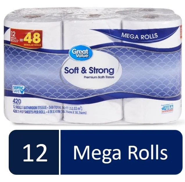Great Value Soft & Strong Premium Toilet Paper, 12 Mega Rolls Walmart