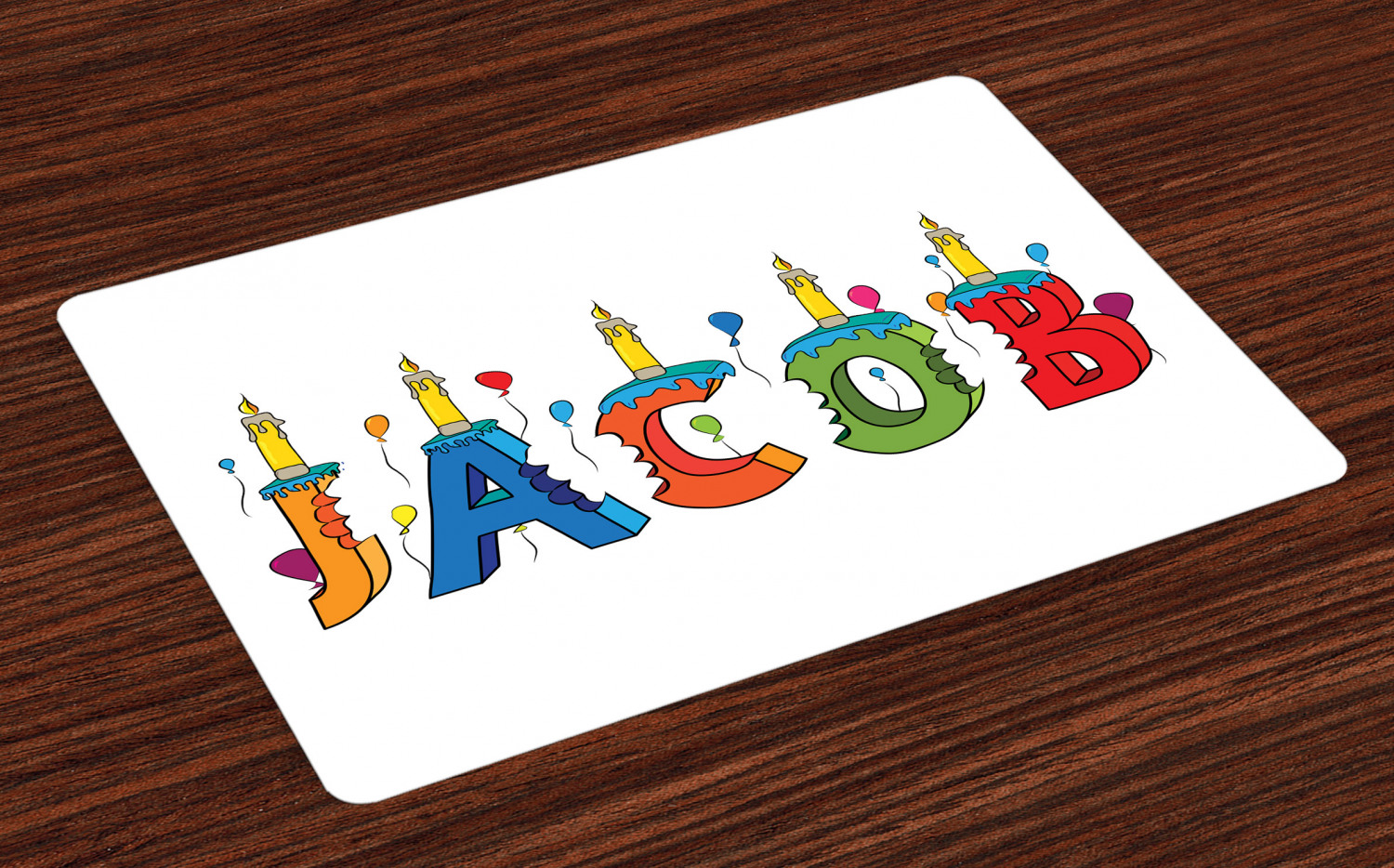 Jacob Placemats Set of 4 Cartoon Colorful Festive Letters Spelling Male Name Surprise Birthday