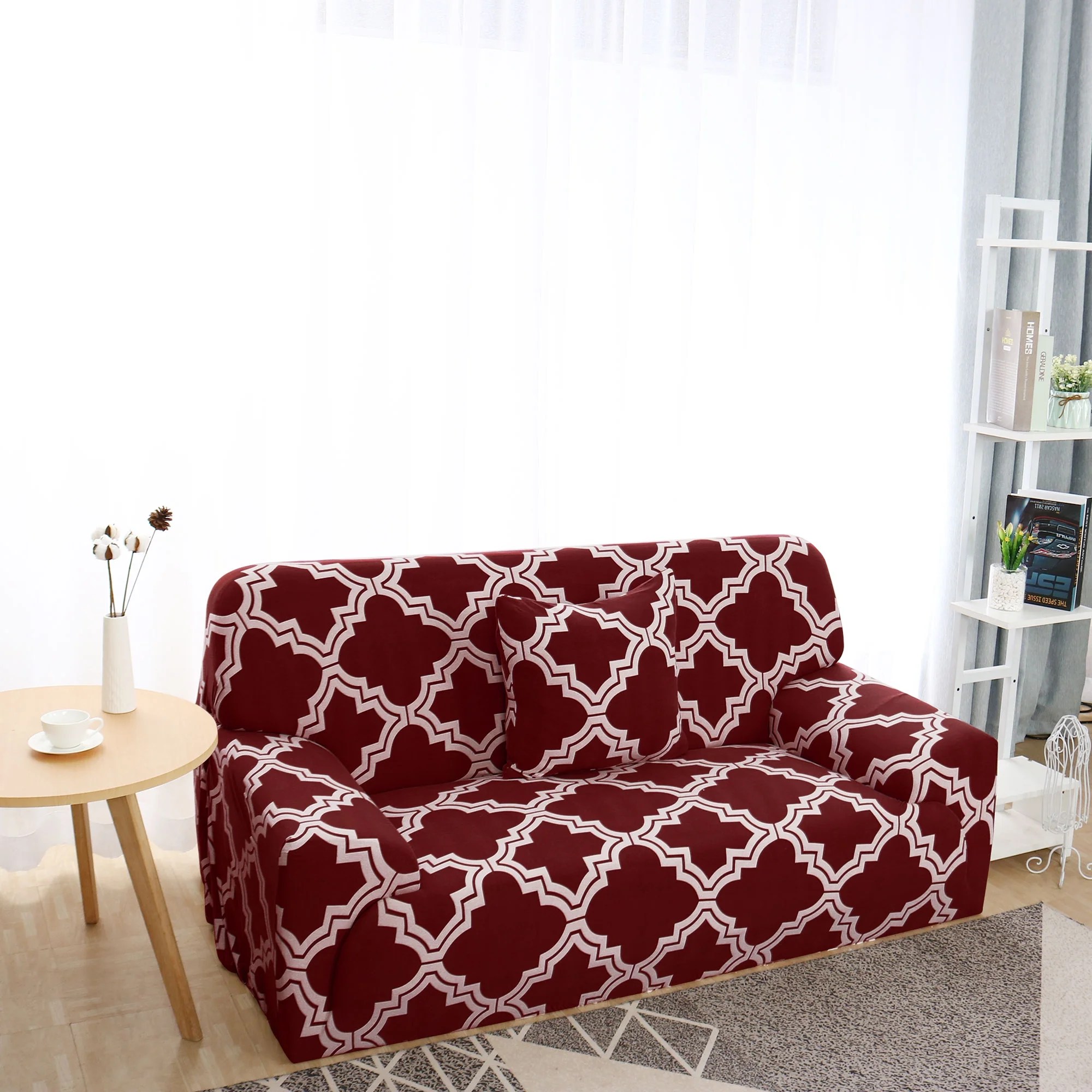 PiccoCasa Floral Stretch Thick Sofa Covers, Wine Red White, Sofa