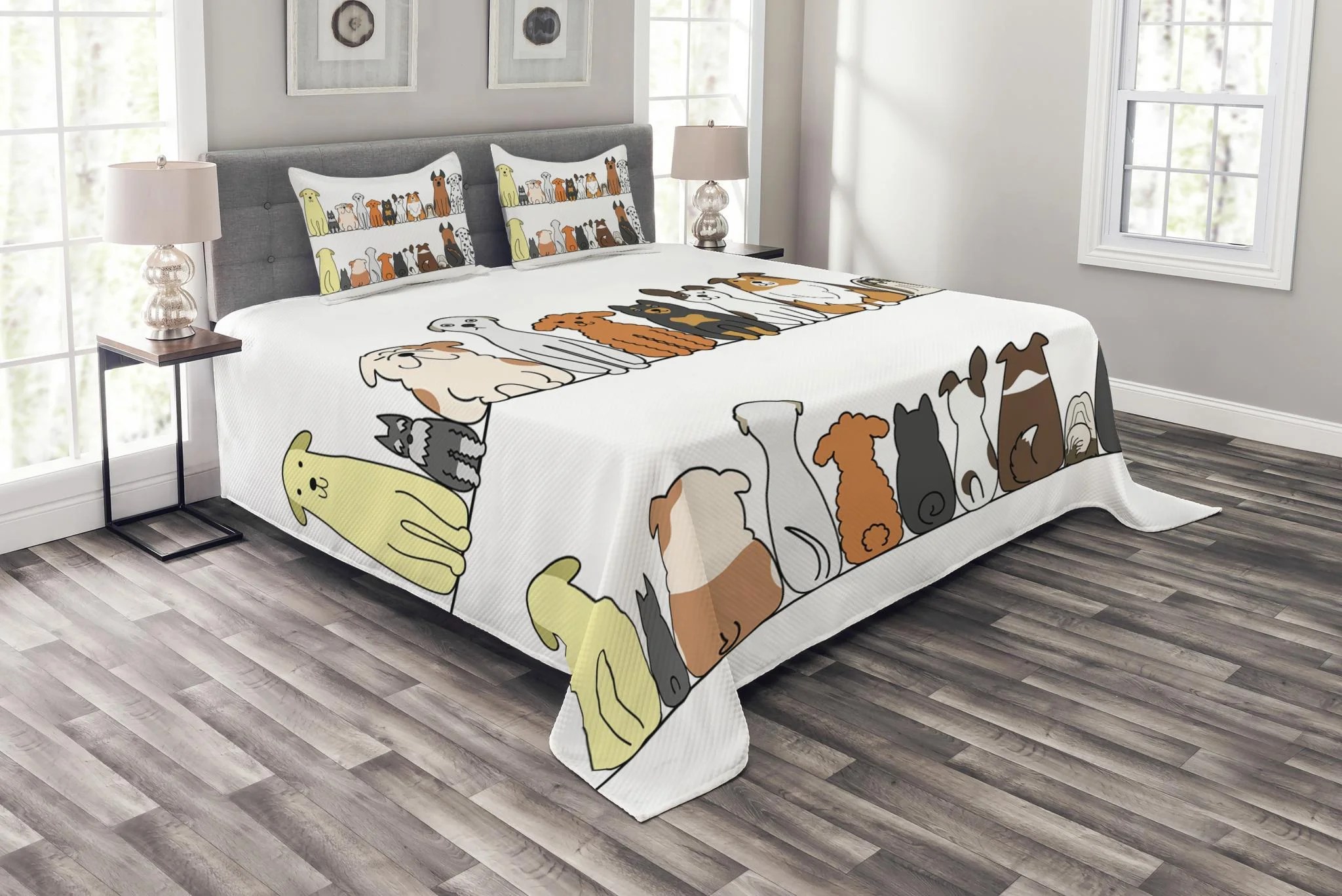 Dog Bedspread Set, Multicultural Dog Family in a Row from Back and Front Views Companionship
