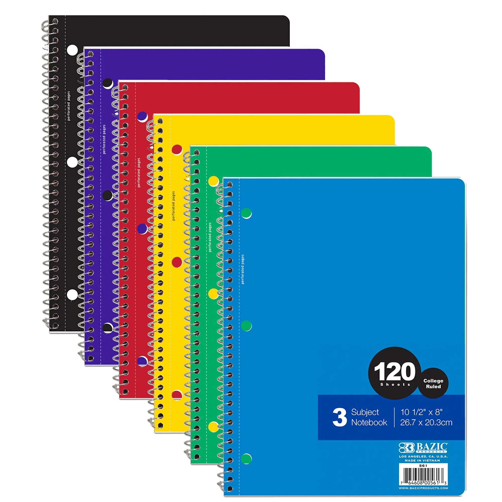 BAZIC Notebook College Ruled 3 Subject Spiral 120 Sheets Spiral