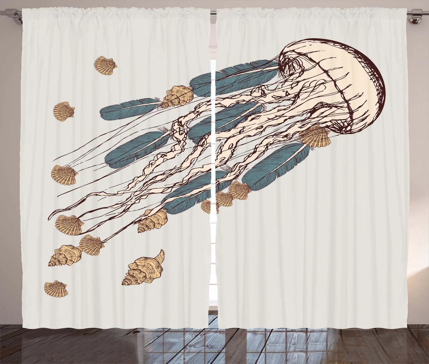 Jellyfish Curtains 2 Panels Set, Boho Feather Tentacles Shells Vintage