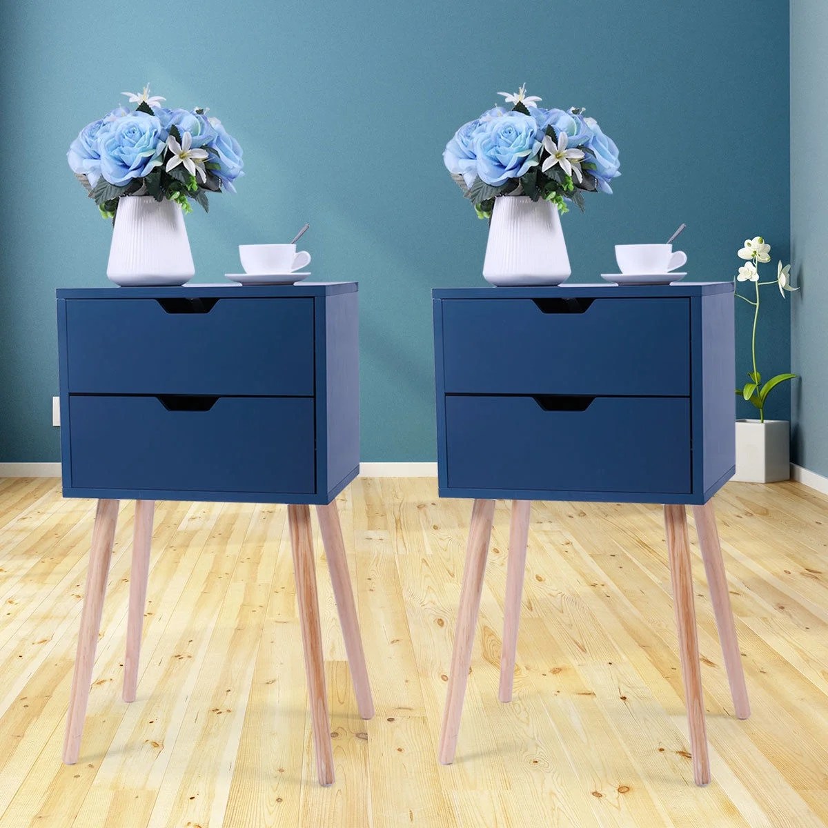 Lowestbest Night Stand Set of 2, Blue End Table with 2 Bin Drawer