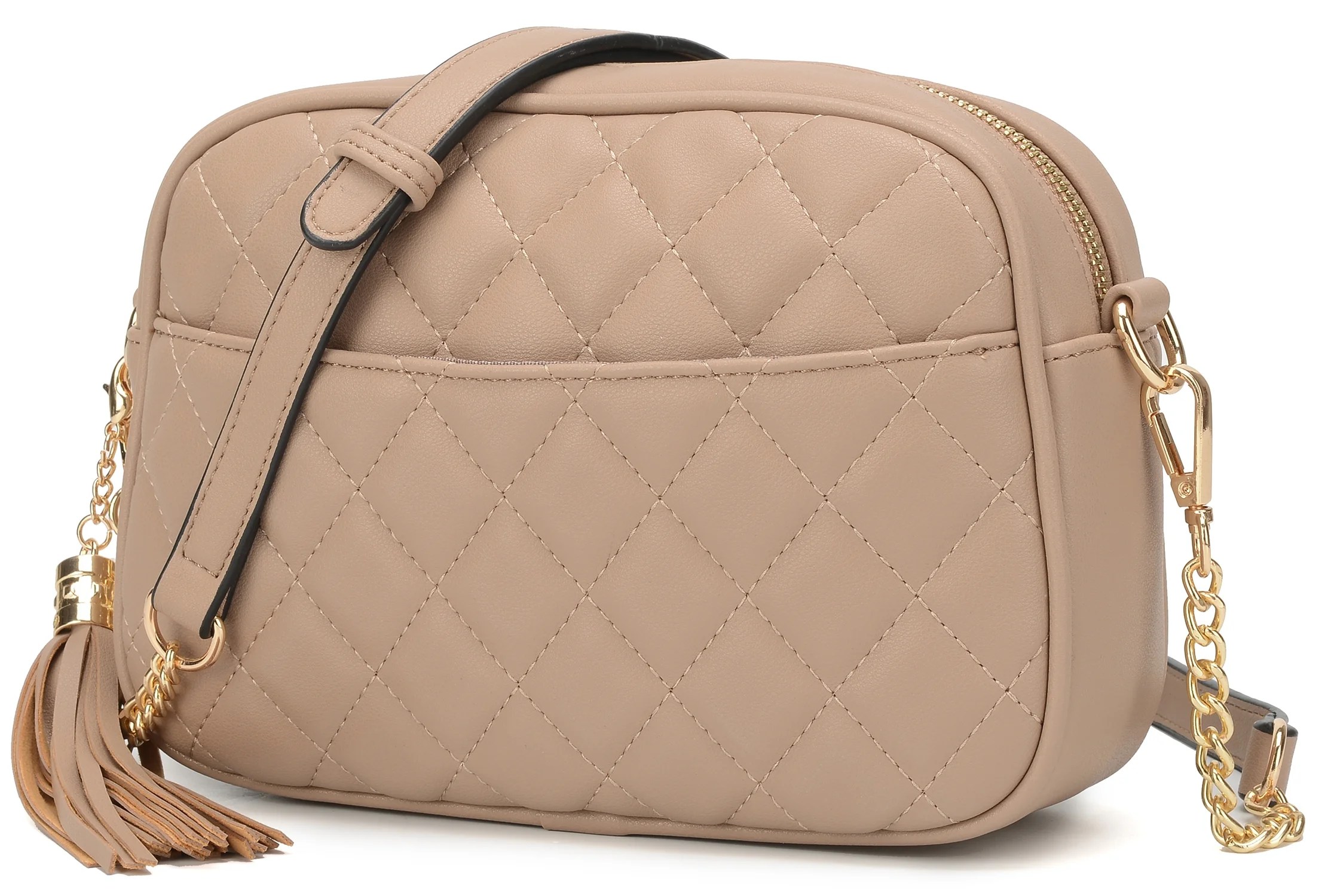 Quilted Crossbody Bag Small Lightweight Shoulder Purse Top Zipper Tassel Accent