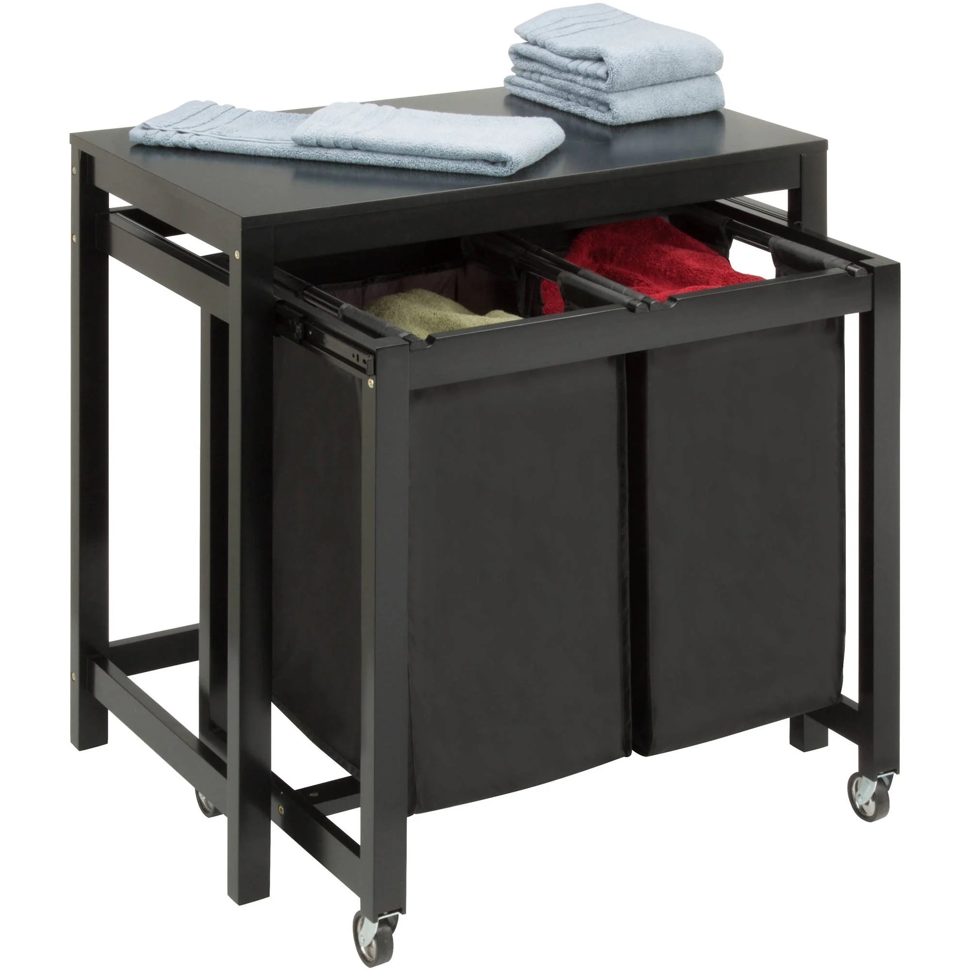 Honey Can Do Wood Laundry Sorter and Folding Table with 2 Bags, Black