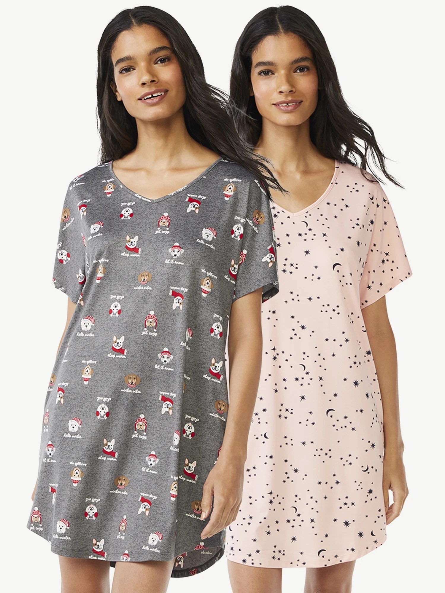 Joyspun Women's Short Sleeve Sleep Shirts, 2Pack, Sizes up to 3X