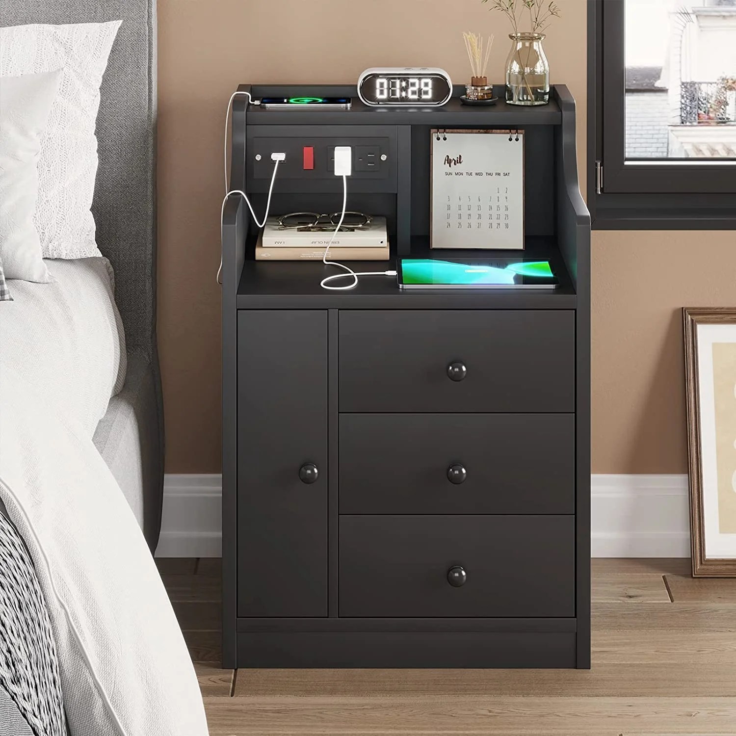 ADORNEVE Nightstand with Charging Station USB Port, Bedside Table with Hutch and 3 Drawers