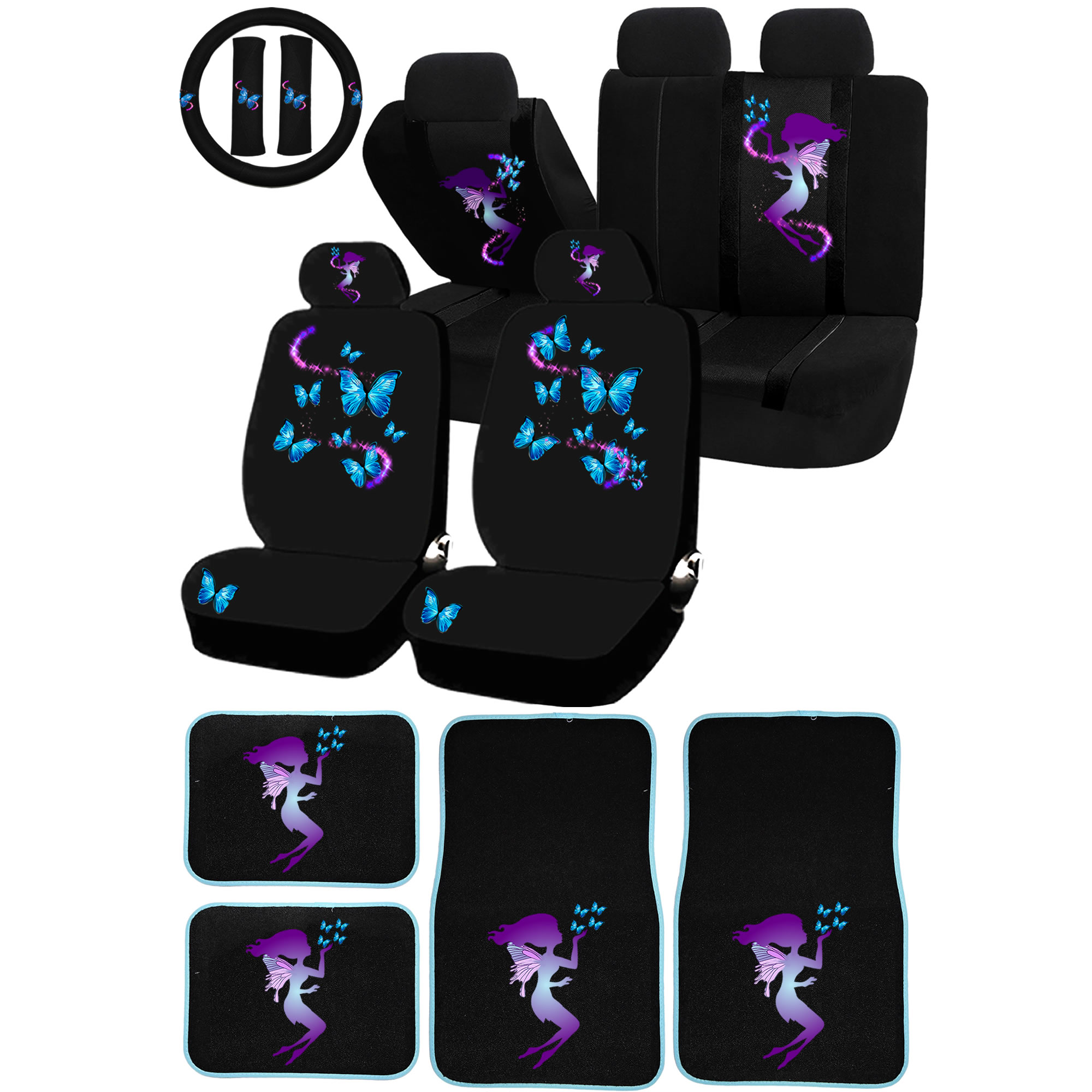 26PC Fairy Butterfly Magical Purple Blue Universal Seat Covers & Carpet