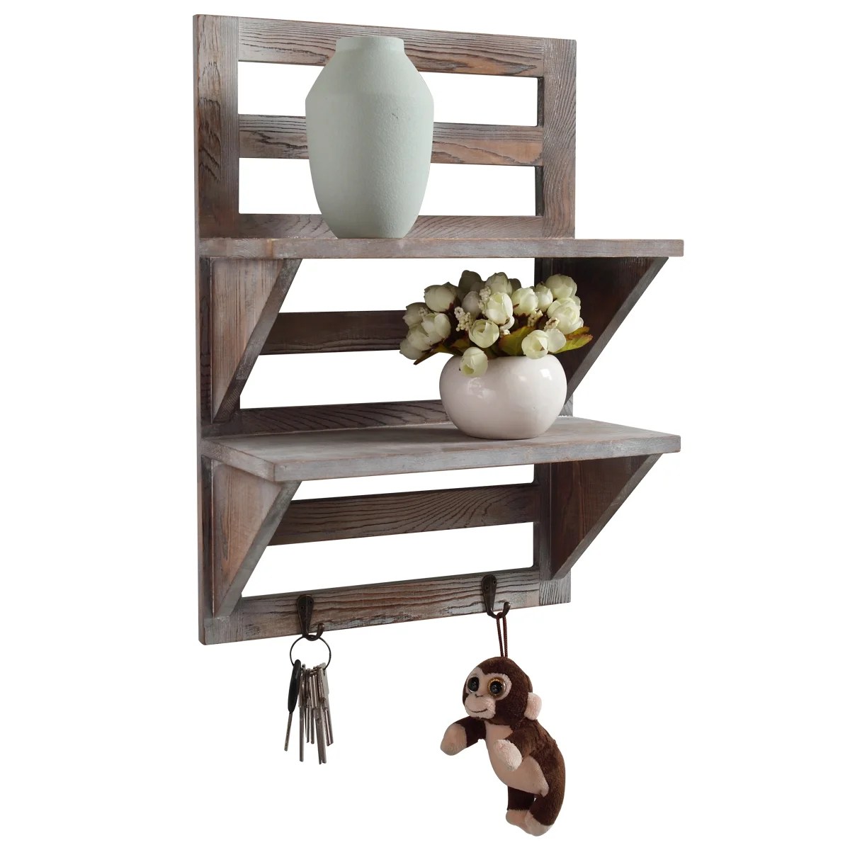 Jaxpety Rustic Wood WallMounted Shelf with 2 Metal Hooks, 2Tier