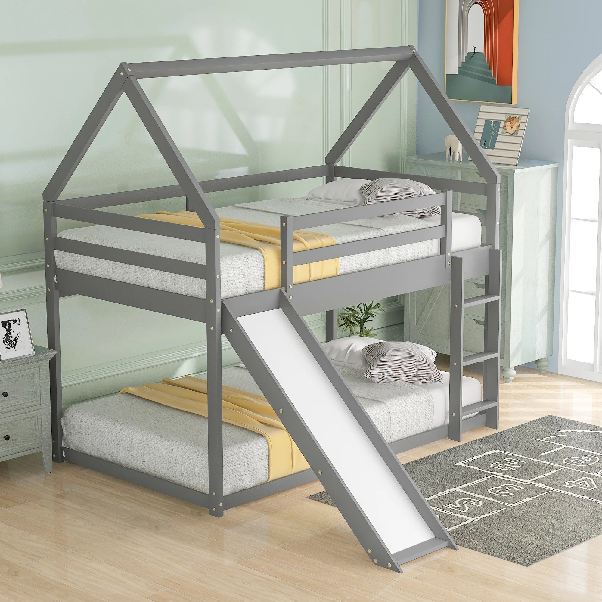 CHURANTY Twin Over Twin Floor Bunk Bed, Twin Size House Bunk Bed with