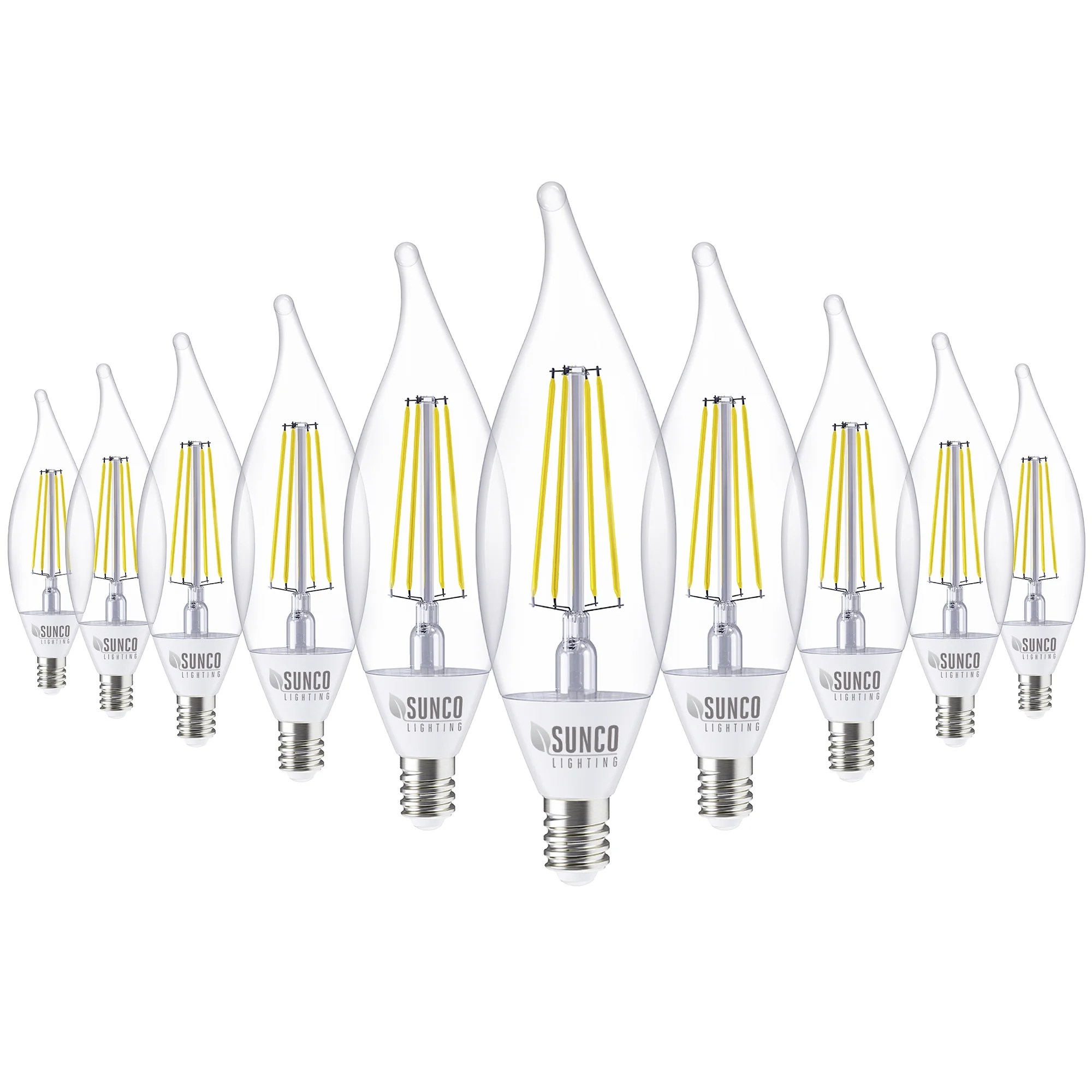 Sunco Lighting CA11 E12 LED Candelabra Light Bulbs 40 Watt Flame Tip 10 Pack 500 Lumens 5000K