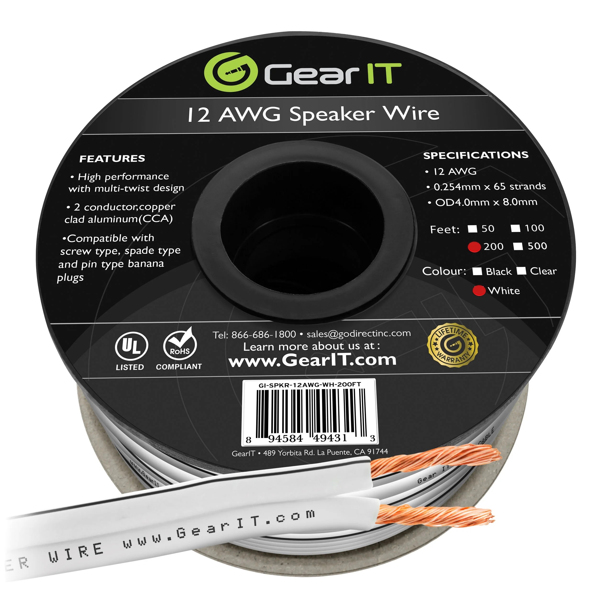 Speaker Wire , 12Gauge Speaker Wire, GearIT 12AWG (200