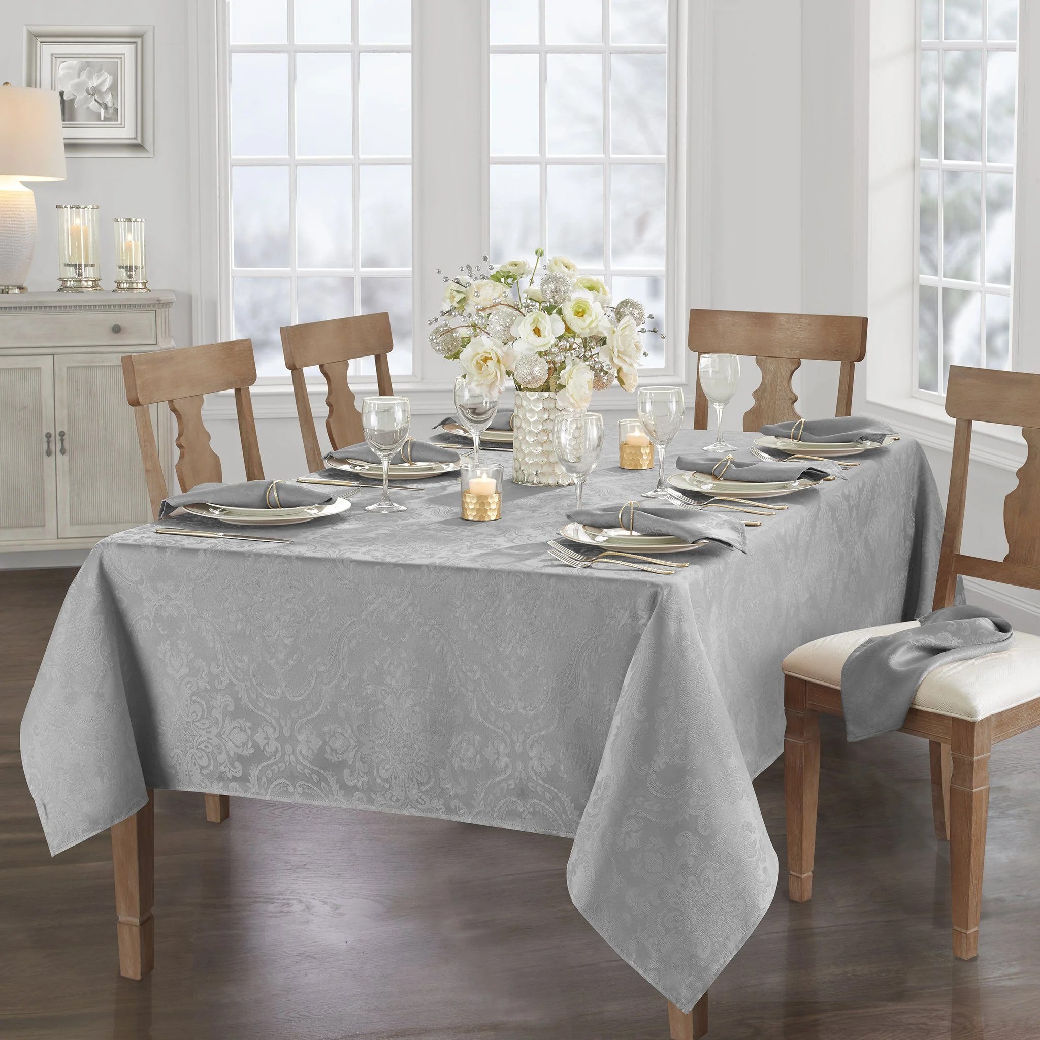 Caiden Elegance Damask Tablecloth 60" x 120" Silver Elrene Home Fashions