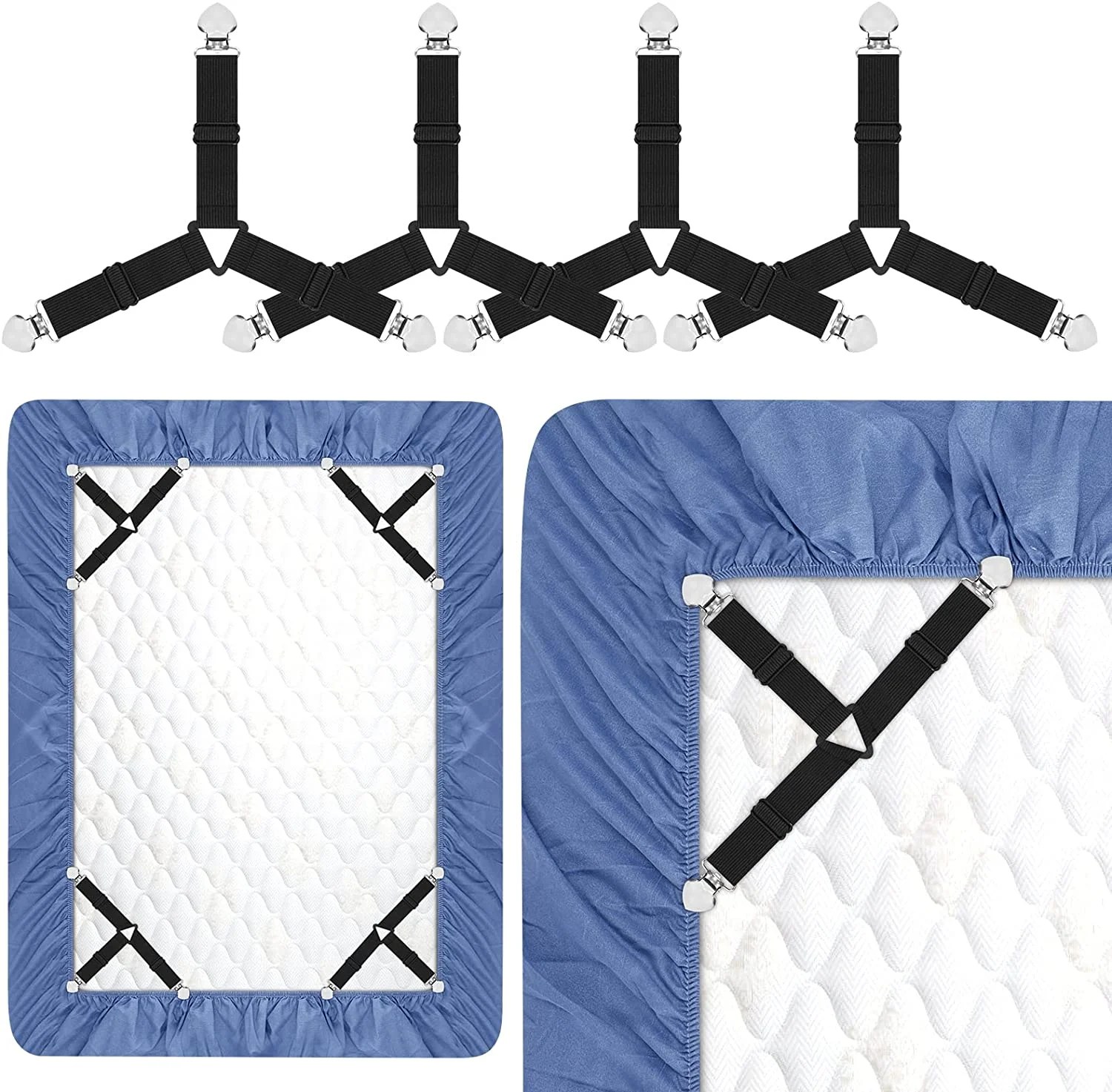 Bed Sheet Holder Straps, Adjustable Bed Sheet Fastener and Triangle