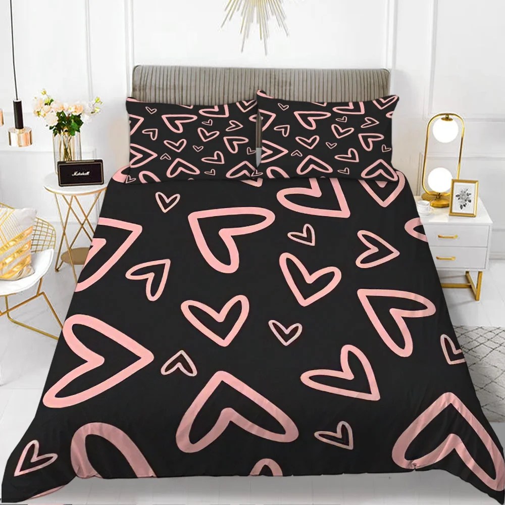 Love Heart Rose Flowers Pattern Bedding Bed Set 3PCS Breathable