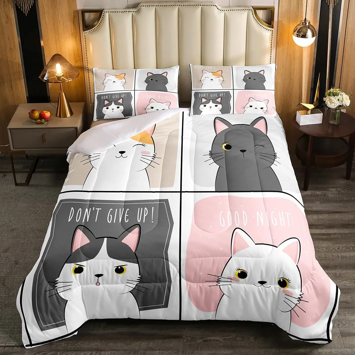 Kawaii Cats Comforter Set Full,Pink Grey Cute Little Cat Down Comforter