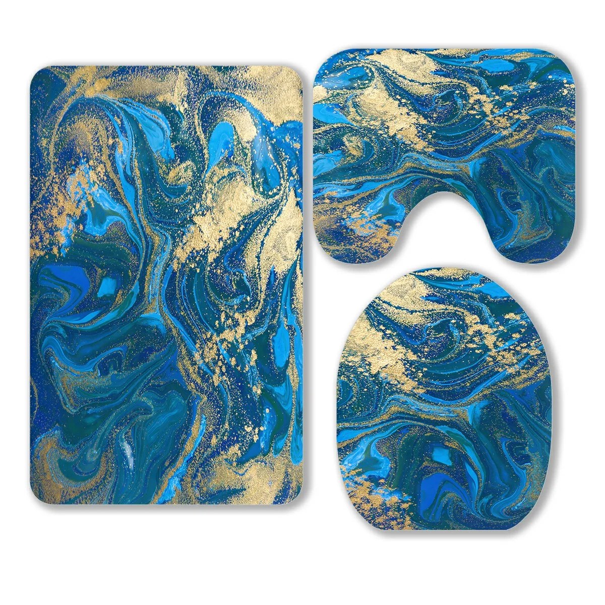 ABPHQTO Blue And Gold Liquid Texture 3 Piece Bathroom Rugs Set Bath Rug