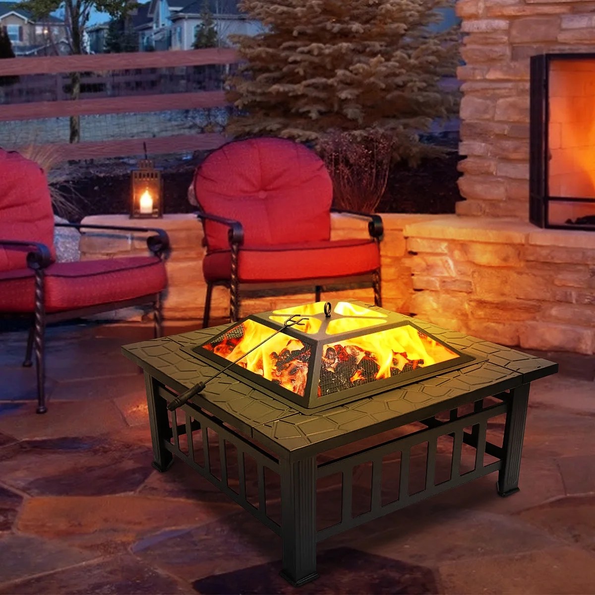 32in Outdoor Metal Firepit Square Table Backyard Patio Garden Stove