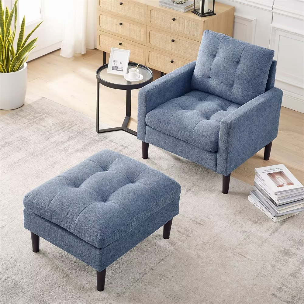 Accent Chair with Ottoman, Uplostered Armchair with Footrest, Comfy Single Sofa Chair for Living