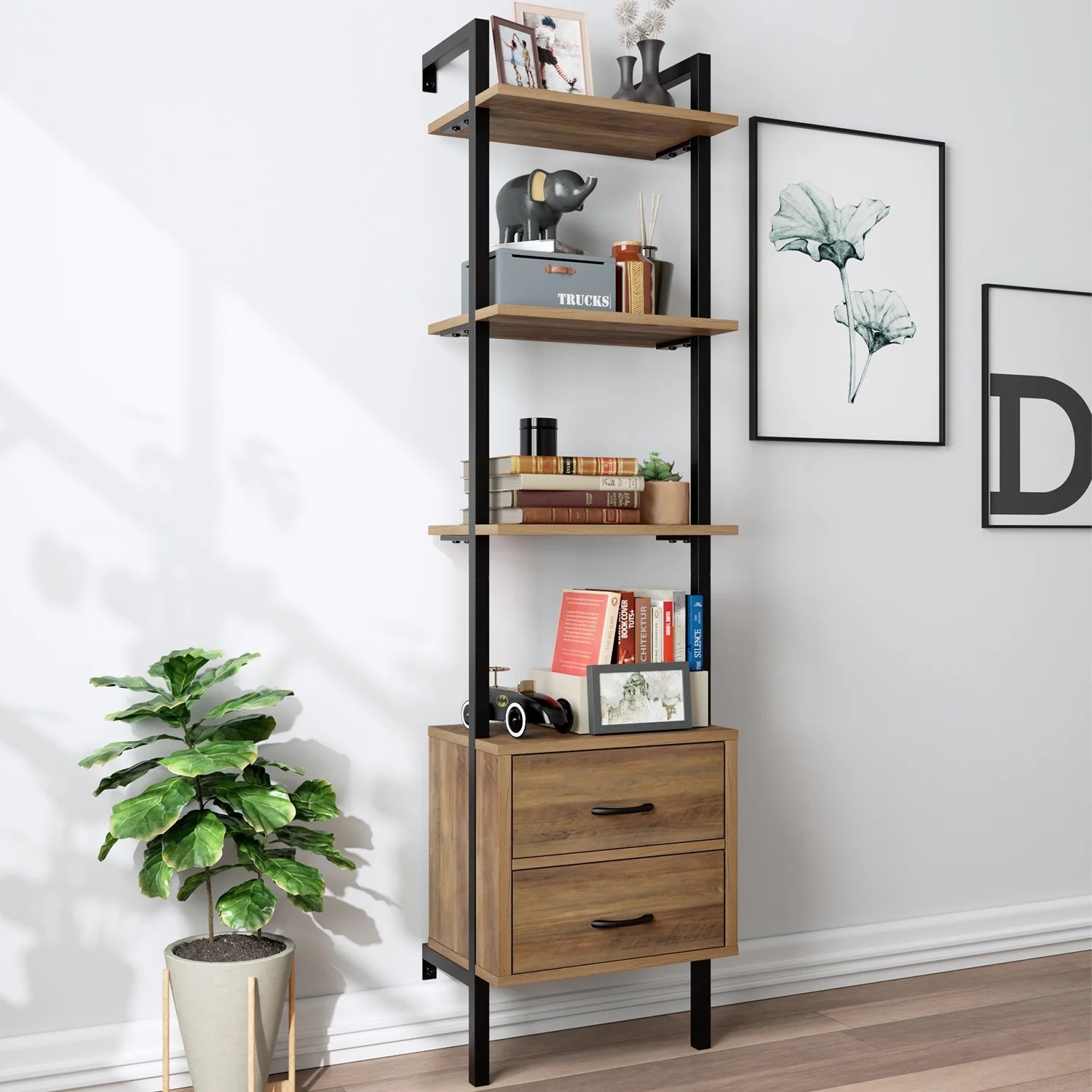 Homfa Industrial Bookshelf with Drawers, 4shelf Tall Shelf Wall Mount