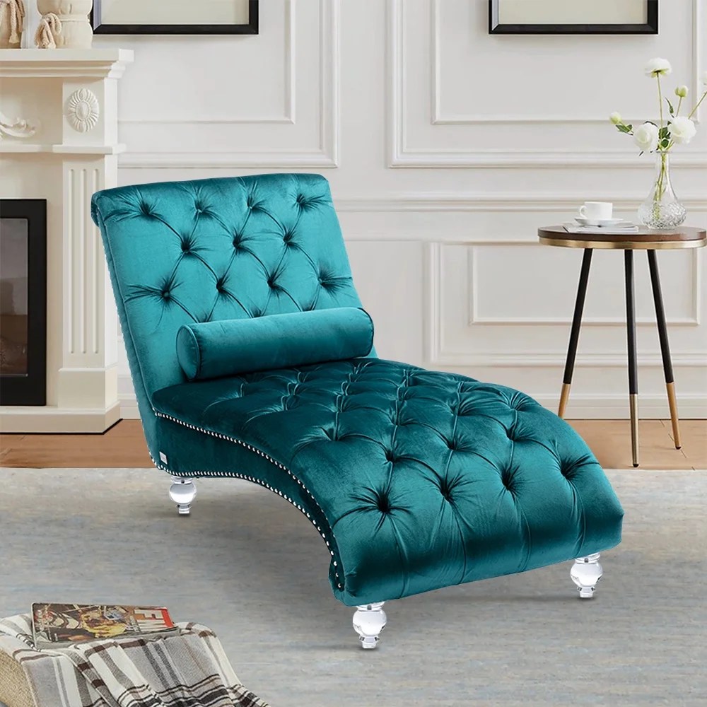Teal Velvet Chaise Lounge with Pillow, KAMIDA Indoor Chaise Lounge Furniture, Modern Lounge