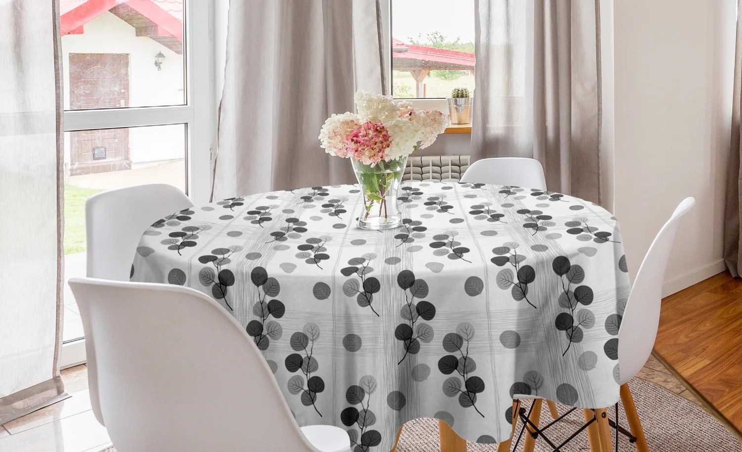 Grey Round Tablecloth, Artisan Circle Shaped Leaf Foliage Branches with