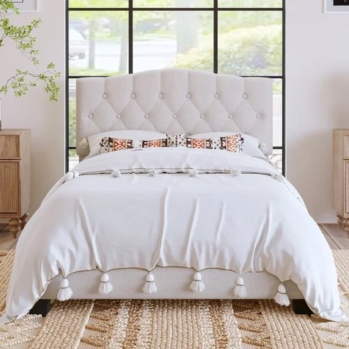 Full Bed Frame, Elegant Linen Upholstered Full Size Platform Bed Frame