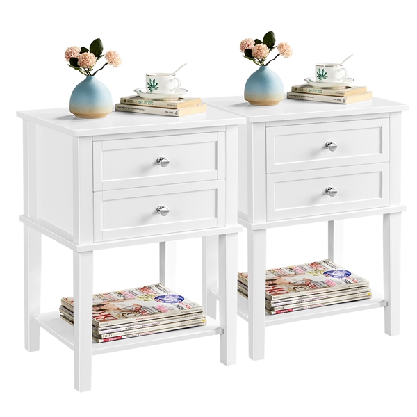 Pair of 2 Drawers Nightstand with Open Shelf White