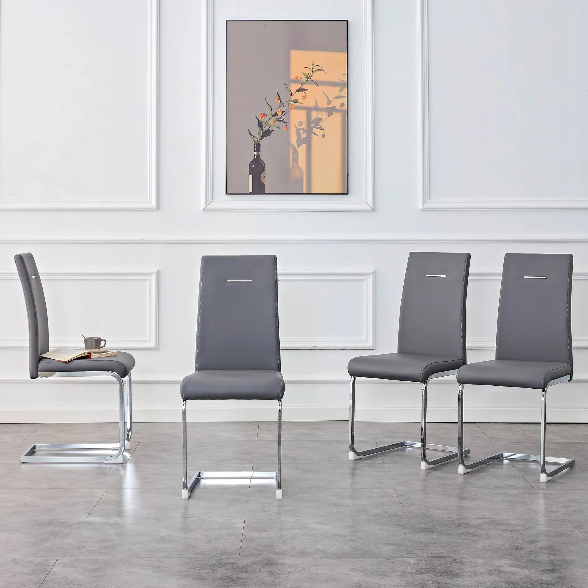 PU Faux Leather High Back Upholstered Dining Chairs Set of 4,Grey