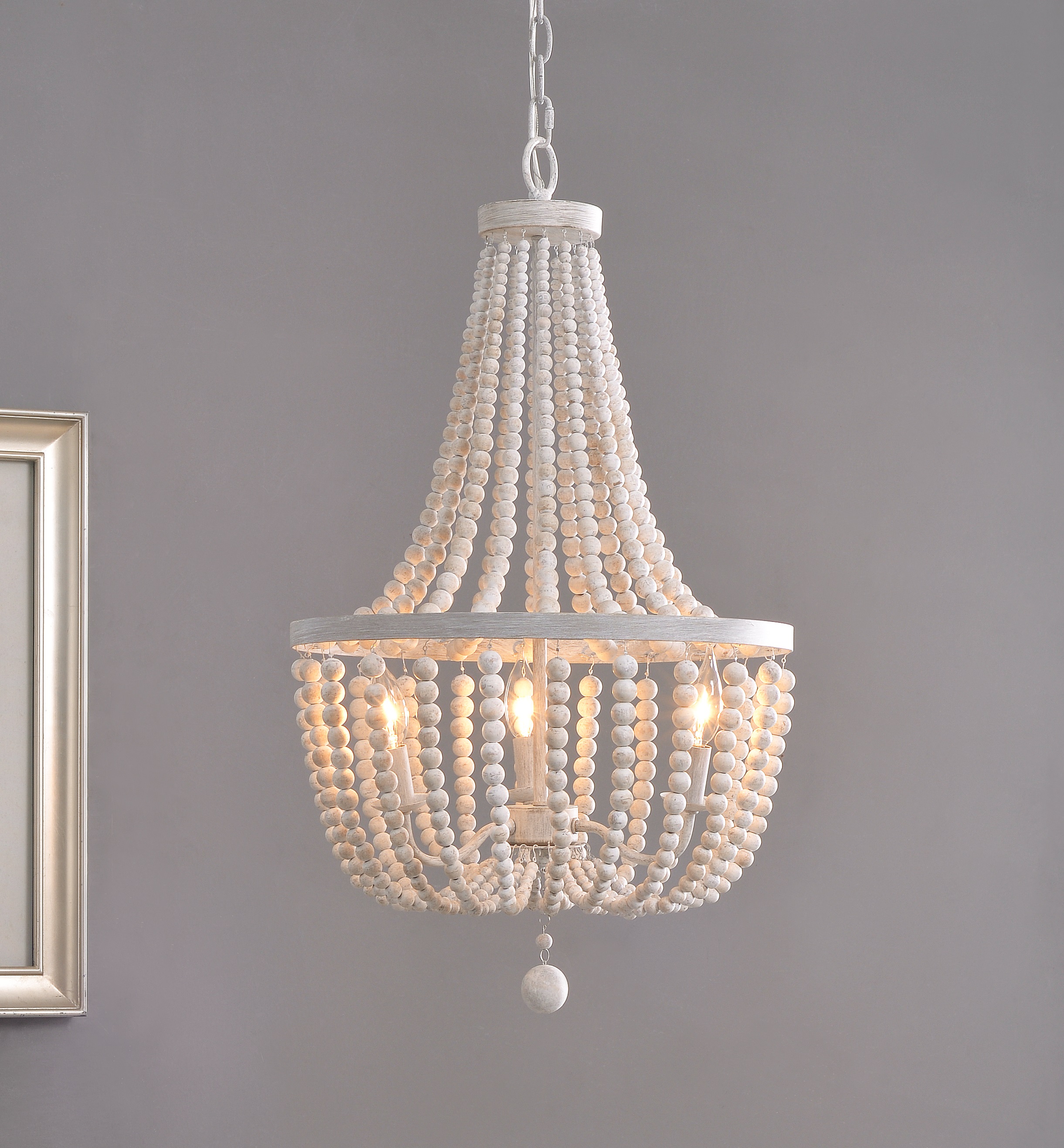 Dumas White with Weathered Wood Beads 3 Light Chandelier