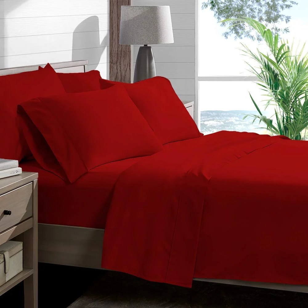 Sheet Set Red Solid 100 Percent Cotton 4Pc Sheet Set with 12 Inch