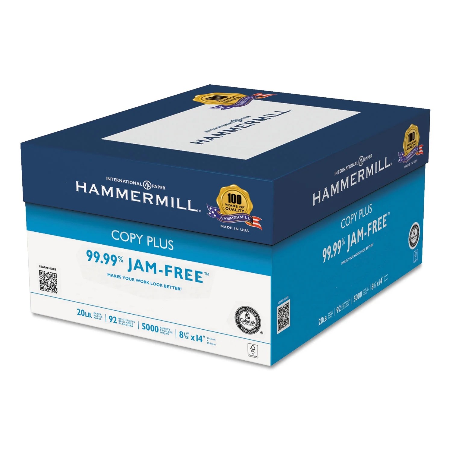 Hammermill Copy Plus Copy Paper 92 Brightness 20lb 81/2 x 14 White 5000 Sheets/Carton 105015CT