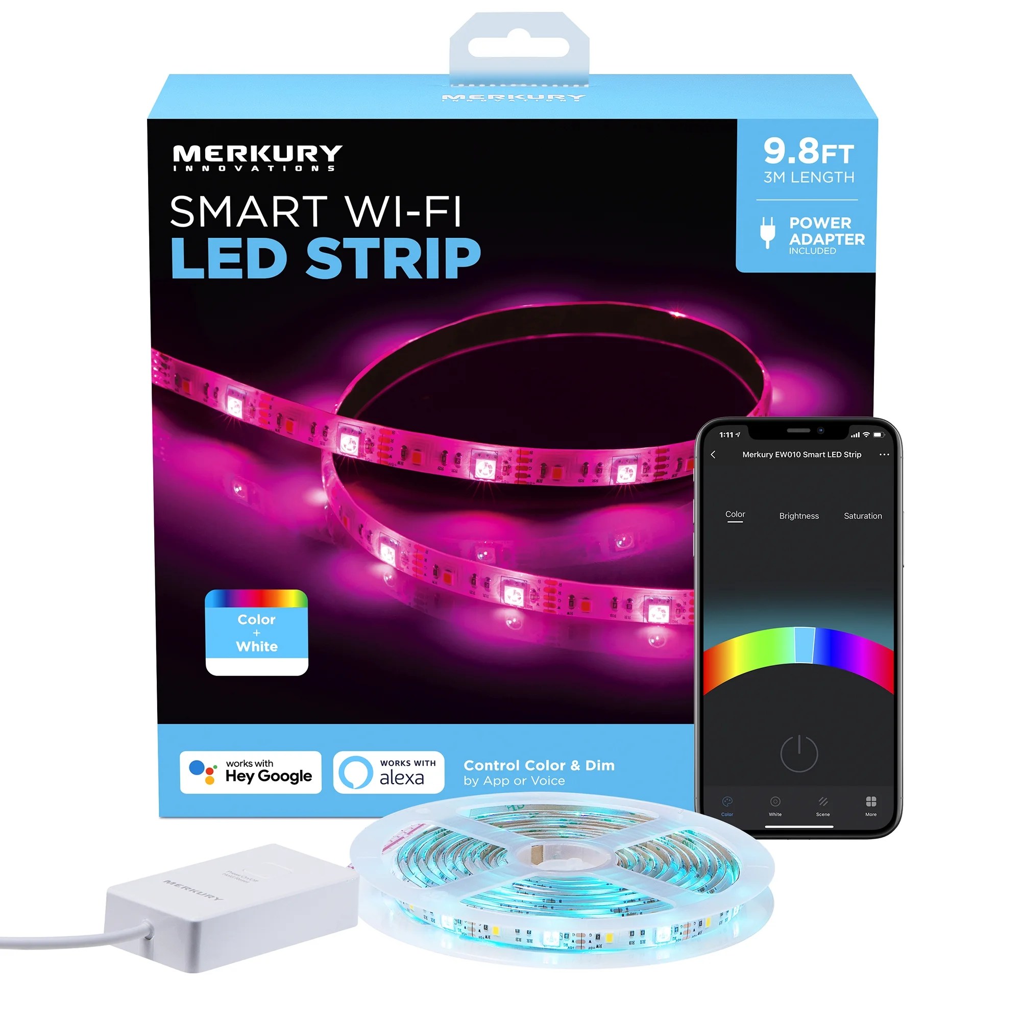 Merkury Innovations Smart RGBW Indoor Strip Lights, Multicolor, 10ft