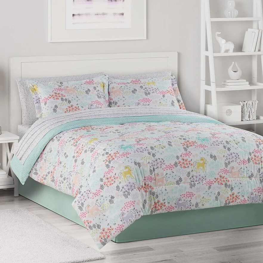 Pastel Unicorns & Flowers Girls Full Comforter Set (8 Piece Bed In A