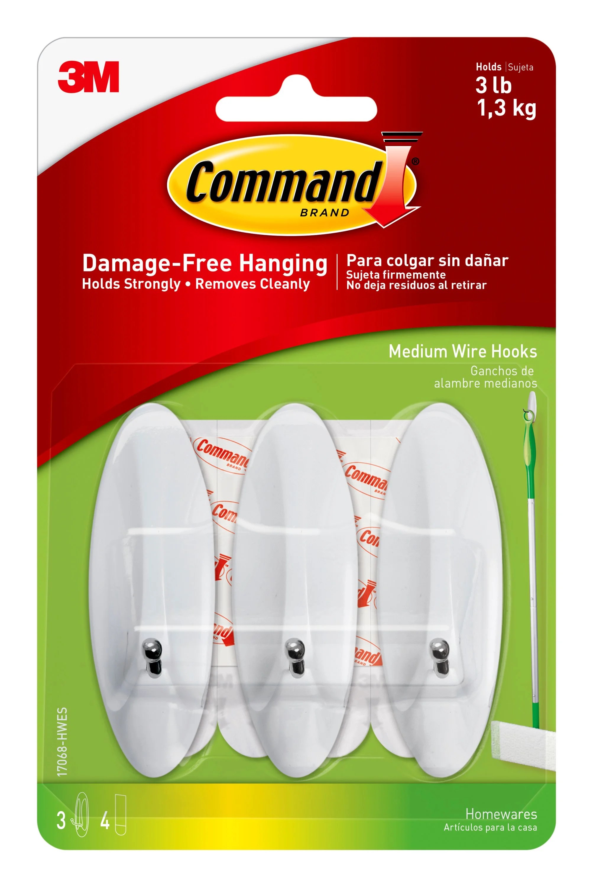 Command Wire Hooks, White, Medium, 3 Hooks, 4 Strips/Pack