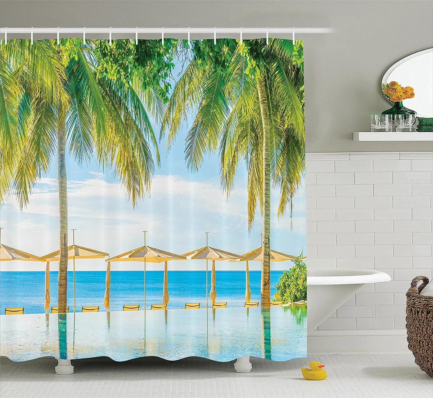 House Decor Shower Curtain Set By , Tropical Beach With The Pool Nature