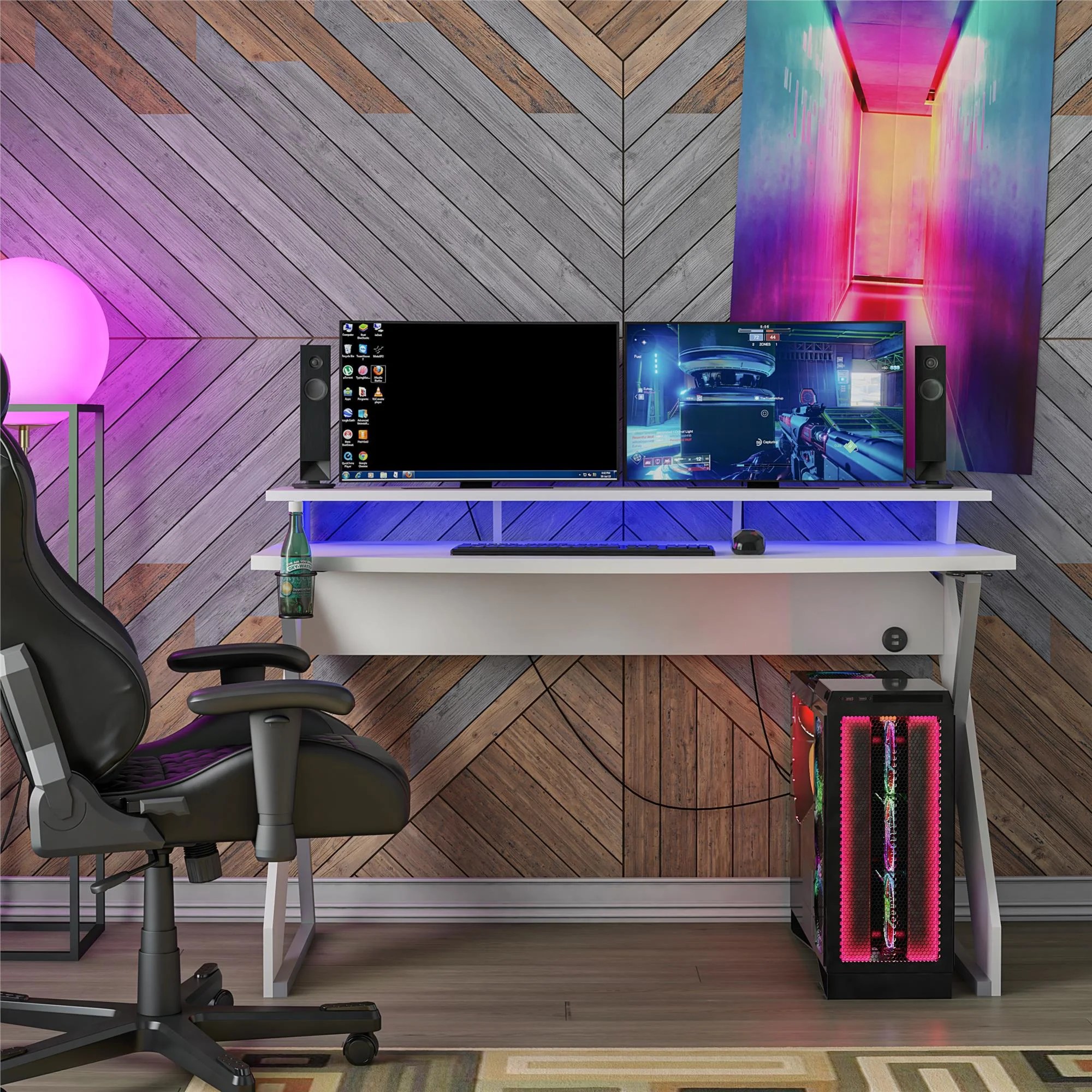 NTense Gauntlet Gaming Desk with Riser, White