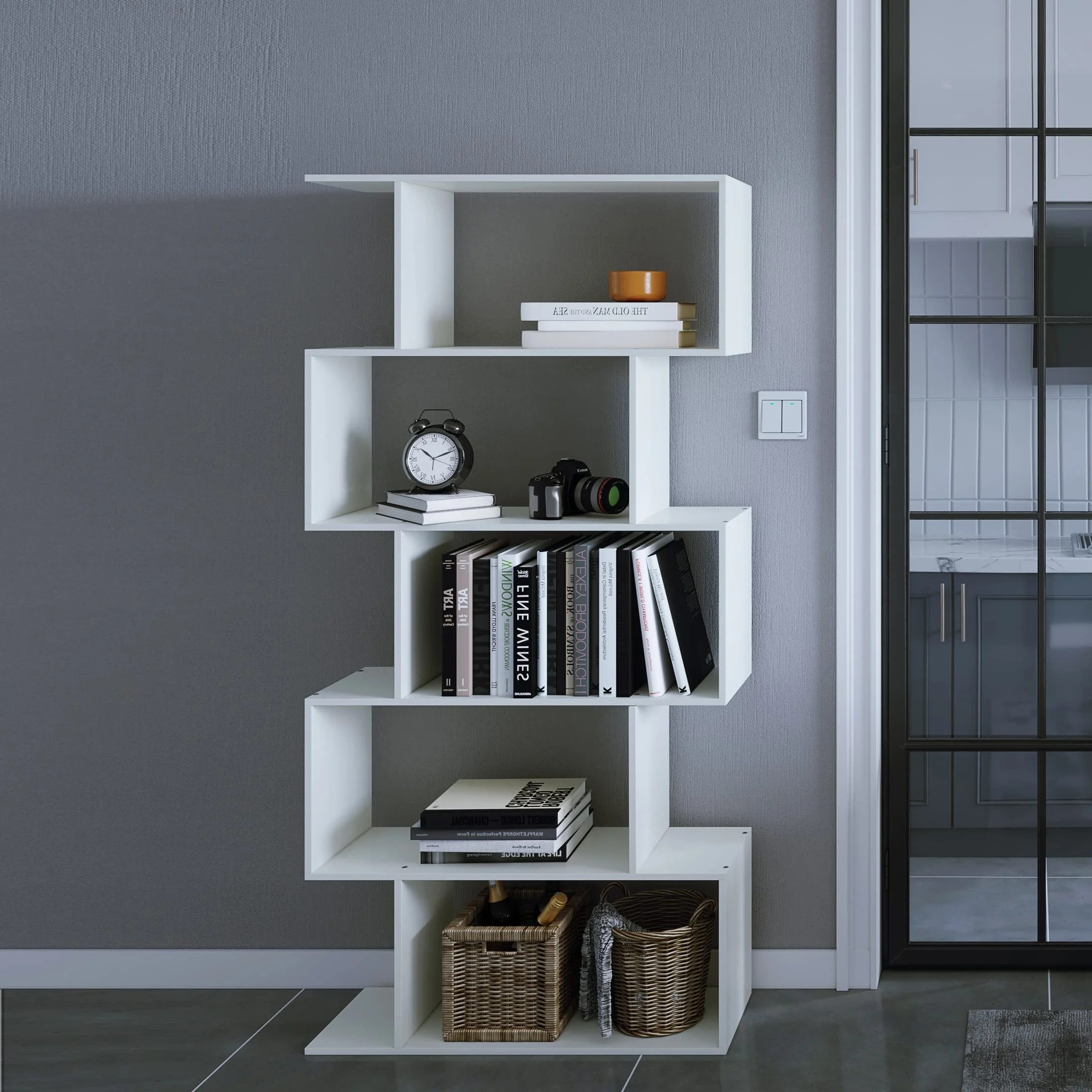 Yusong Bookshelf 6Tier, Geometric Bookcase S Shaped Book Shelves for