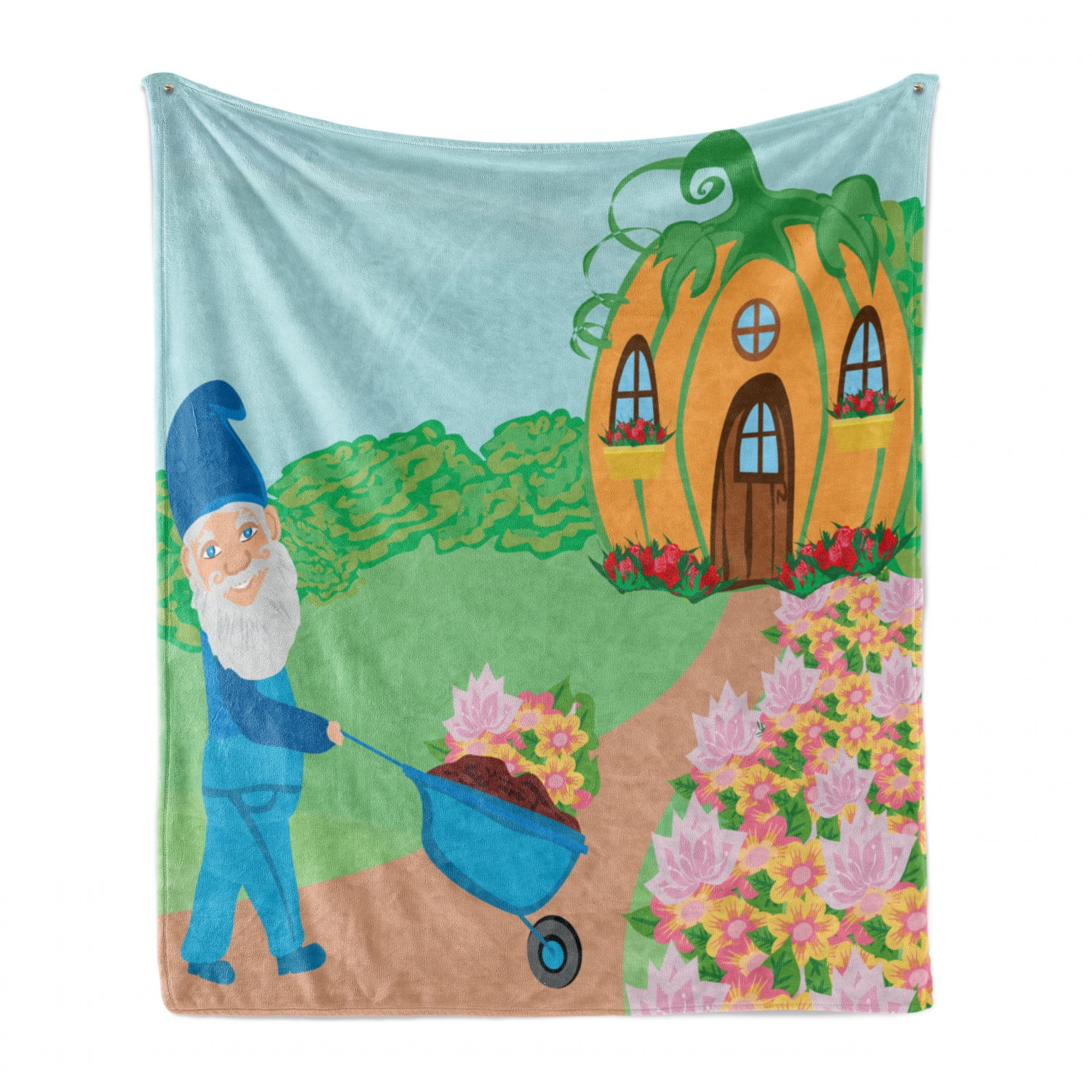 Gnome Soft Flannel Fleece Throw Blanket, Elf Gardening Outside of His