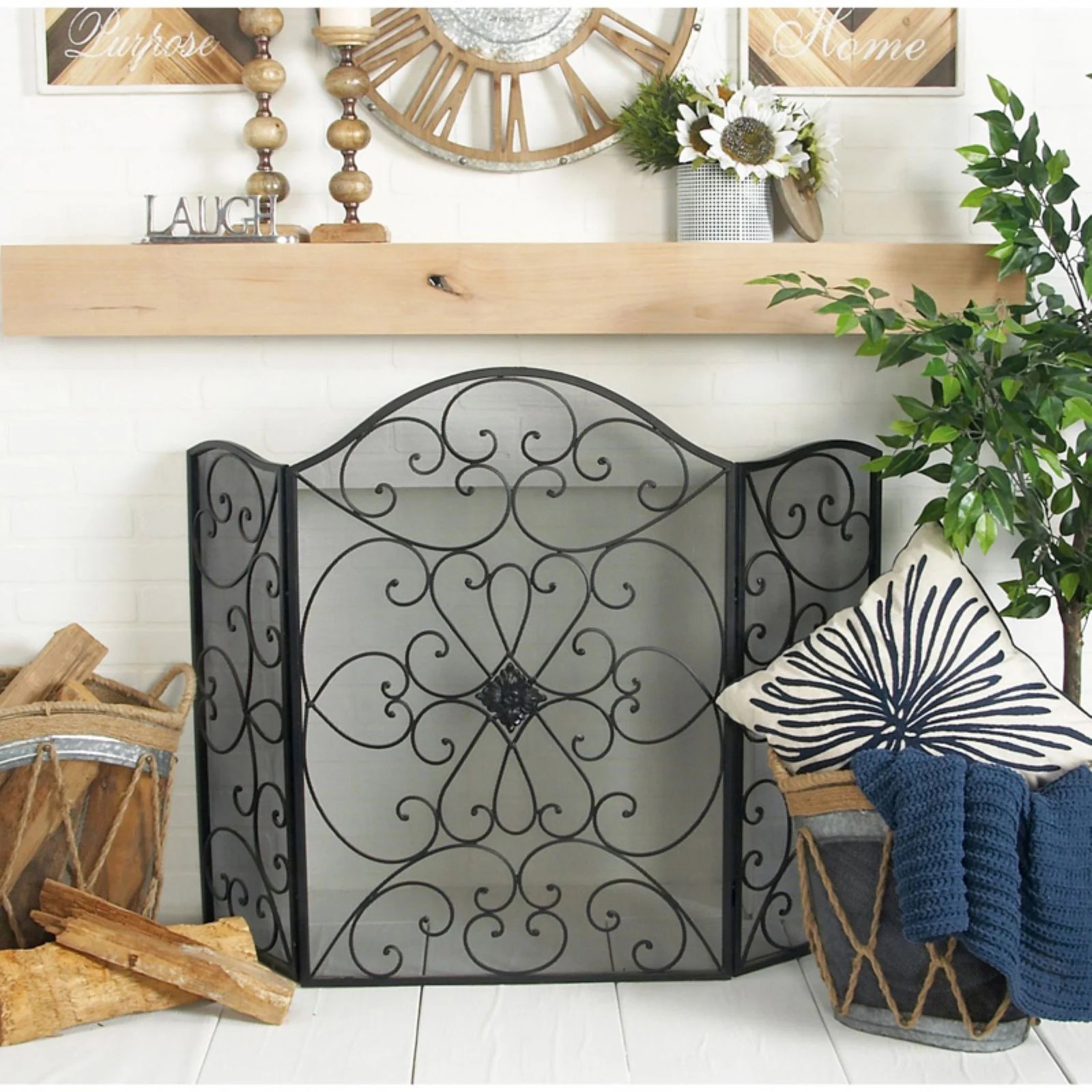 Decmode Large Black Iron Fire Screen, Decorative