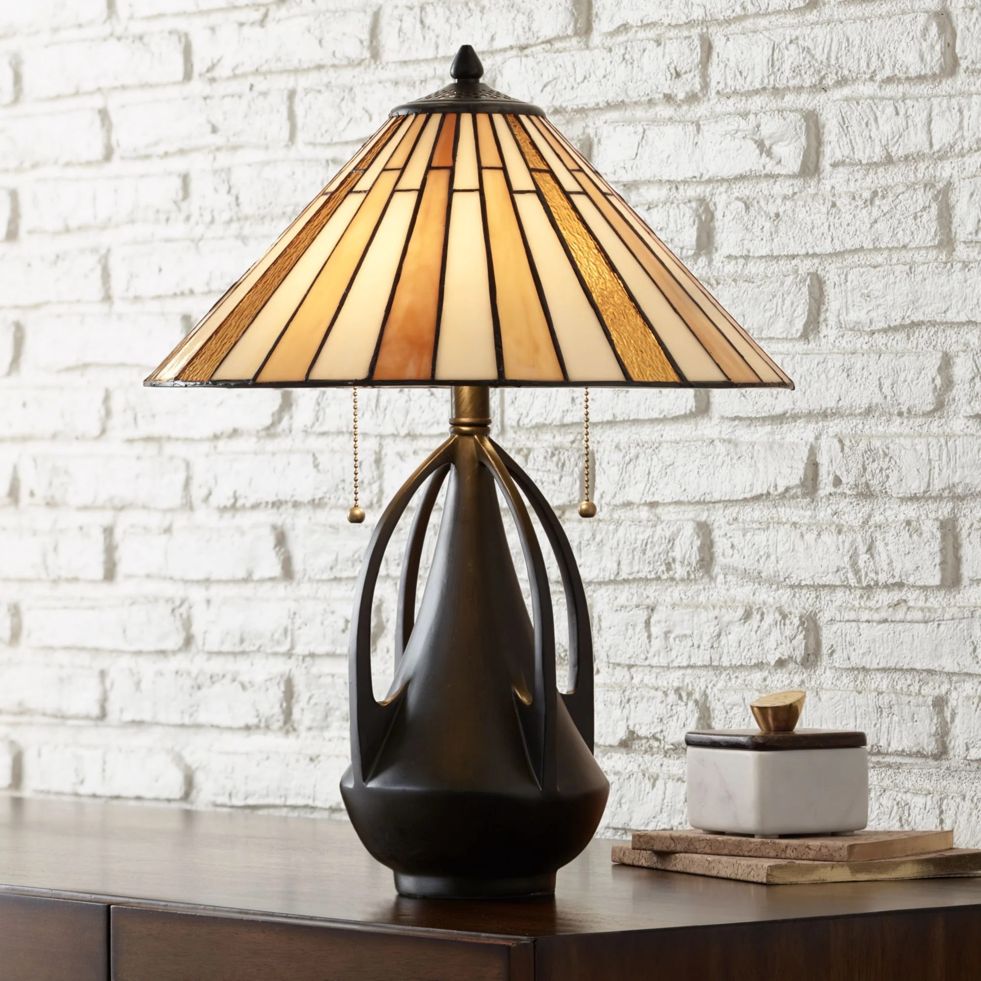Robert Louis Tiffany Mission Accent Table Lamp Brown Glass Art Shade Robert Louis Tiffany Mission Accent Table Lamp Brown Glass Art Shade