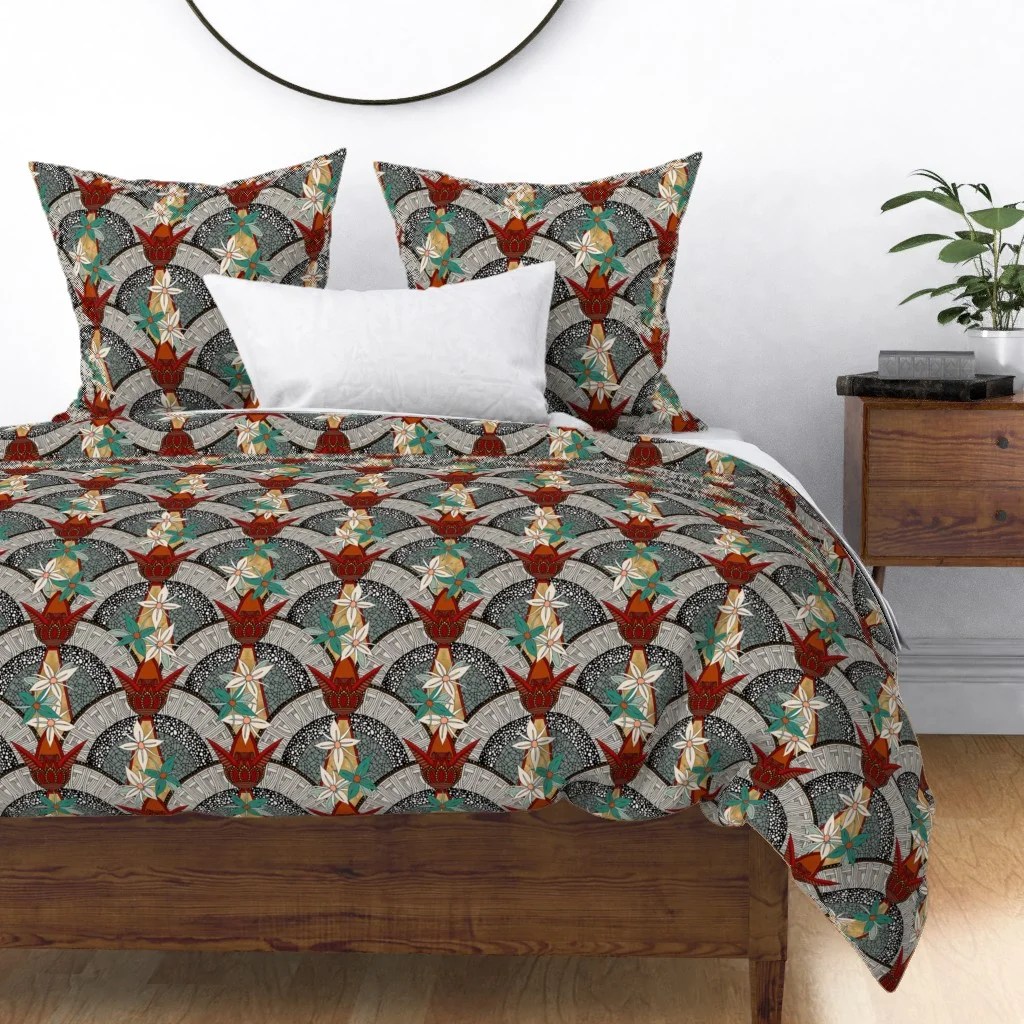 Art Deco Floral Vintage Red Teal Yellow Sateen Duvet Cover by Roostery