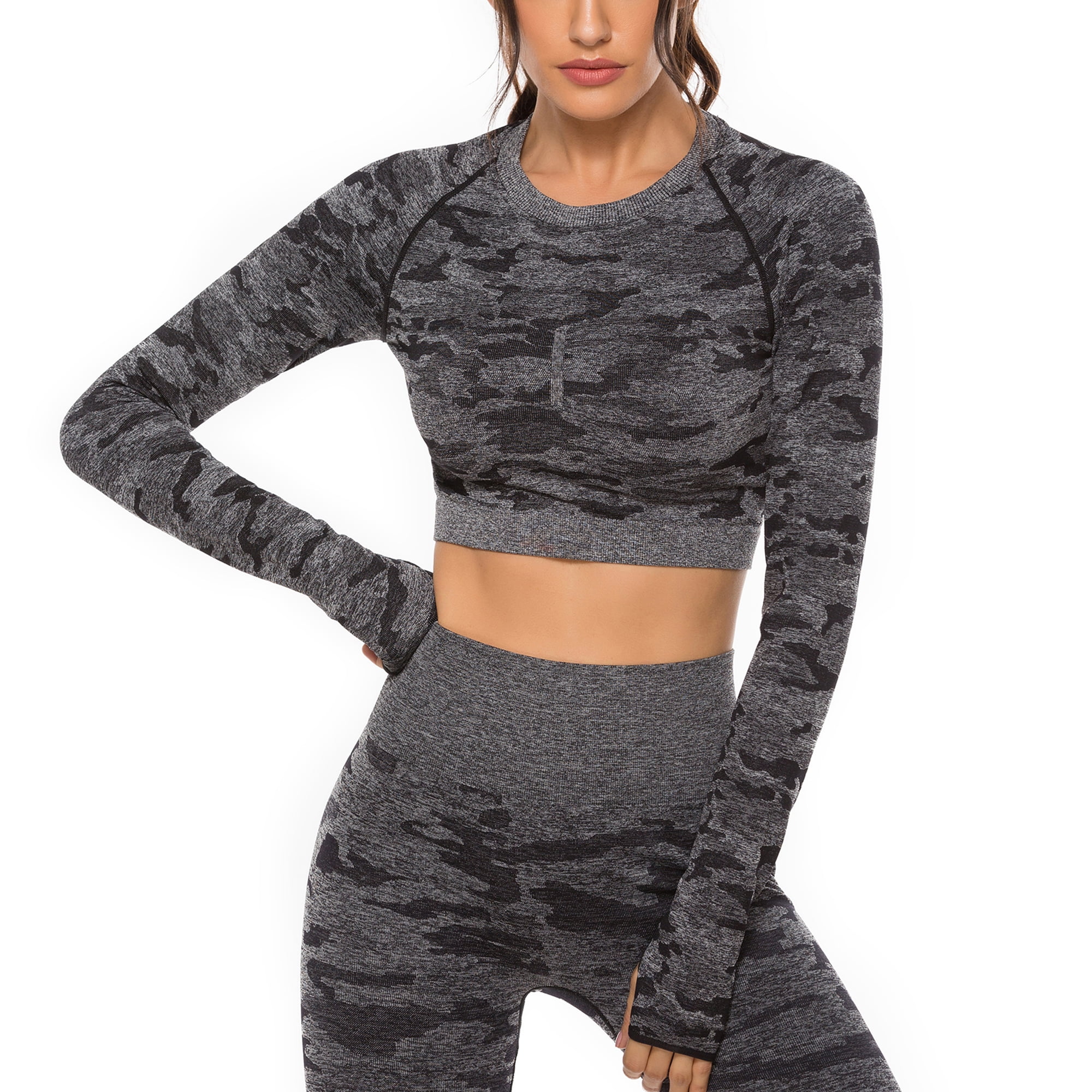 Fittoo FITTOO Women seamless Camouflage Long Sleeve Yoga Gym Crop Top Fittoo FITTOO Women seamless Camouflage Long Sleeve Yoga Gym Crop Top
