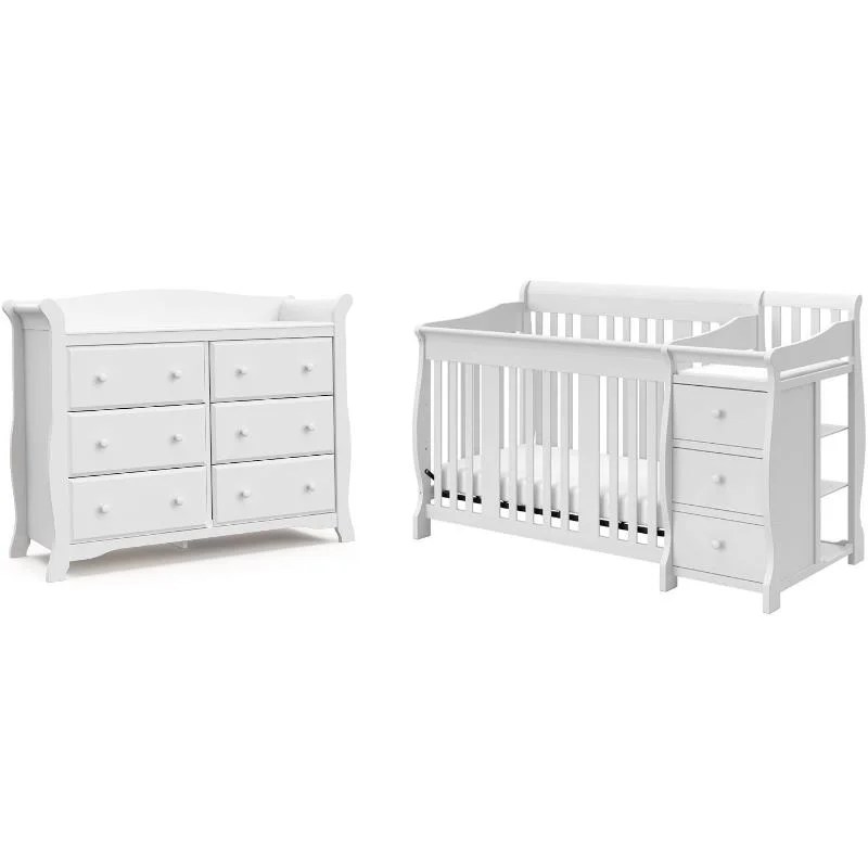 6Drawer Double Dresser and Baby Crib with Changing Table Set in Pure 6Drawer Double Dresser and Baby Crib with Changing Table Set in Pure
