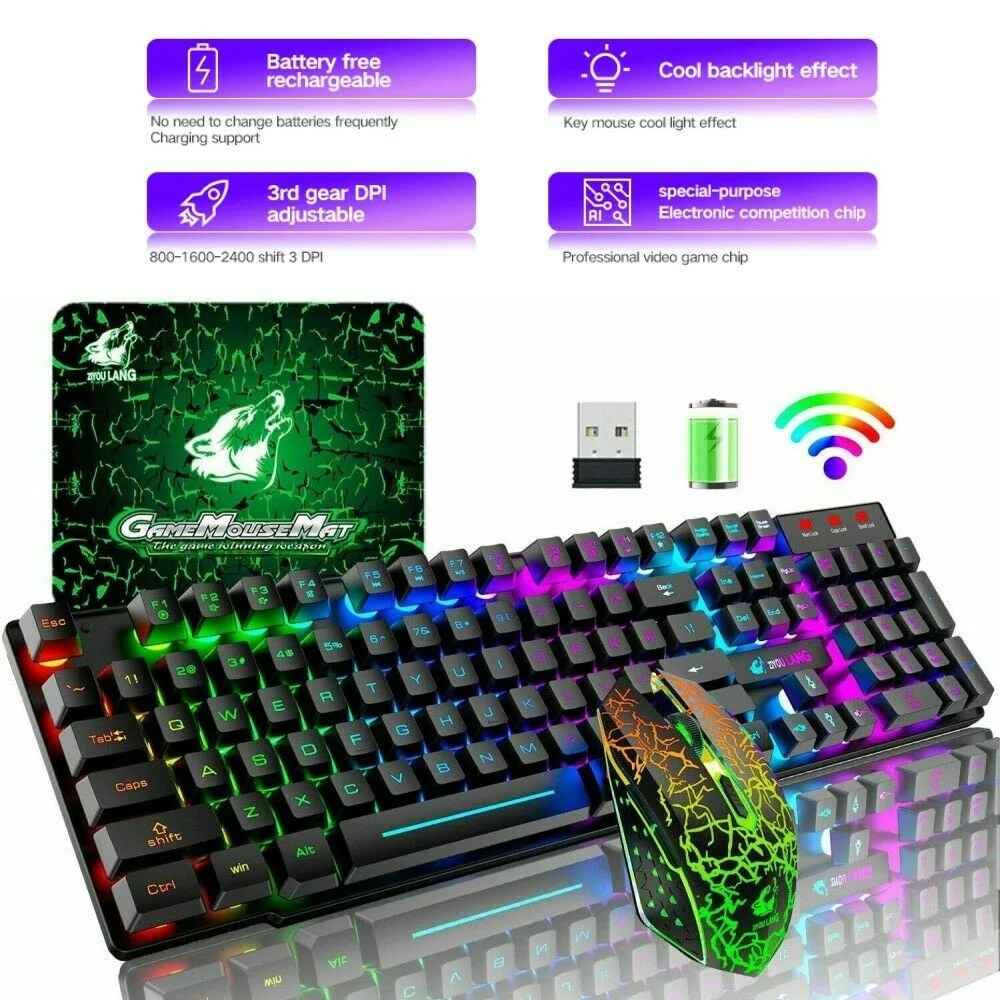Wireless Gaming Keyboard and Mouse Combo Set With Mouse Pad Rainbow Wireless Gaming Keyboard and Mouse Combo Set With Mouse Pad Rainbow