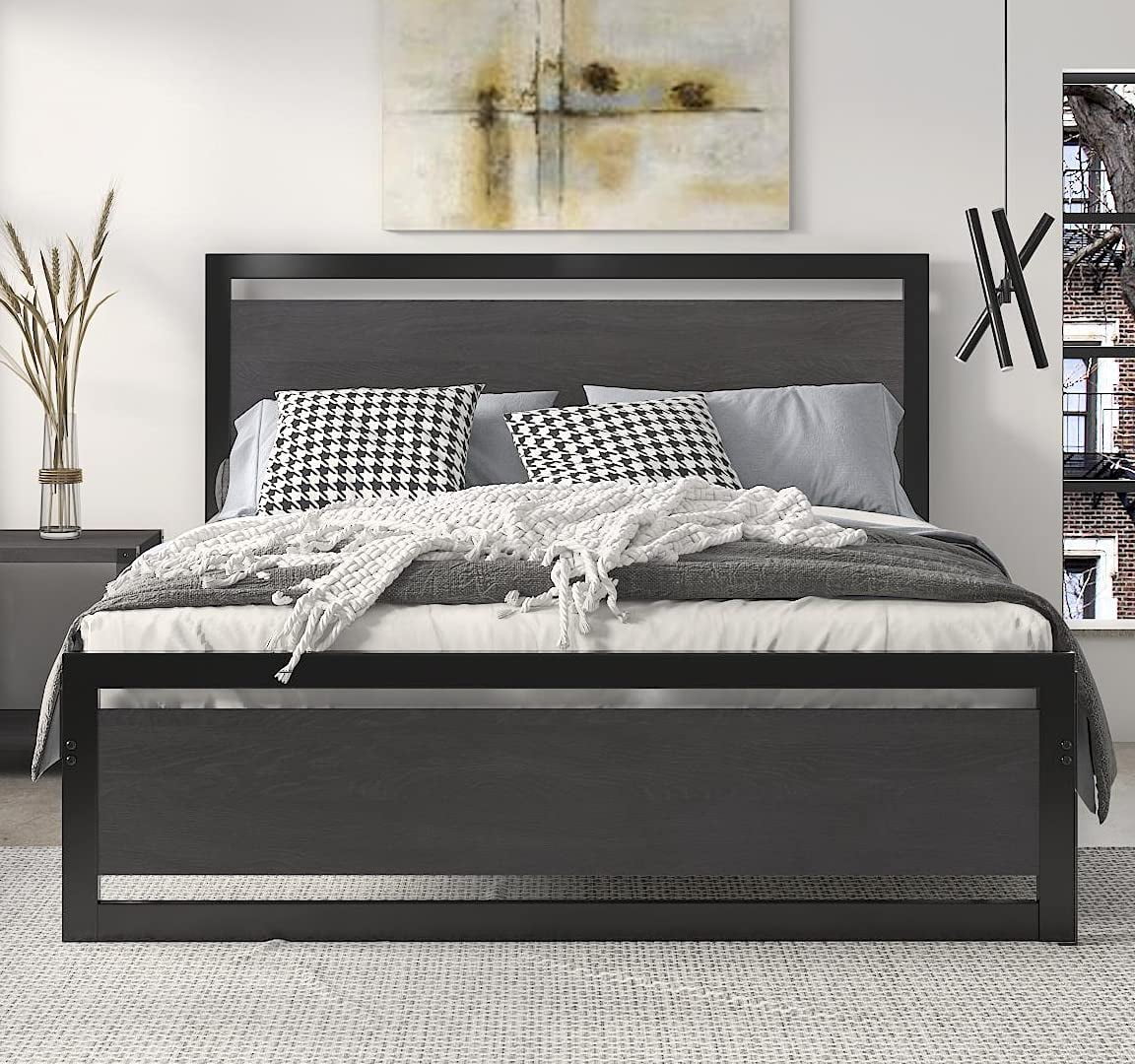 NextFur Queen Size Black Bed Frame with Wooden Headboard, Heavy Duty Platform Metal Bed Frame