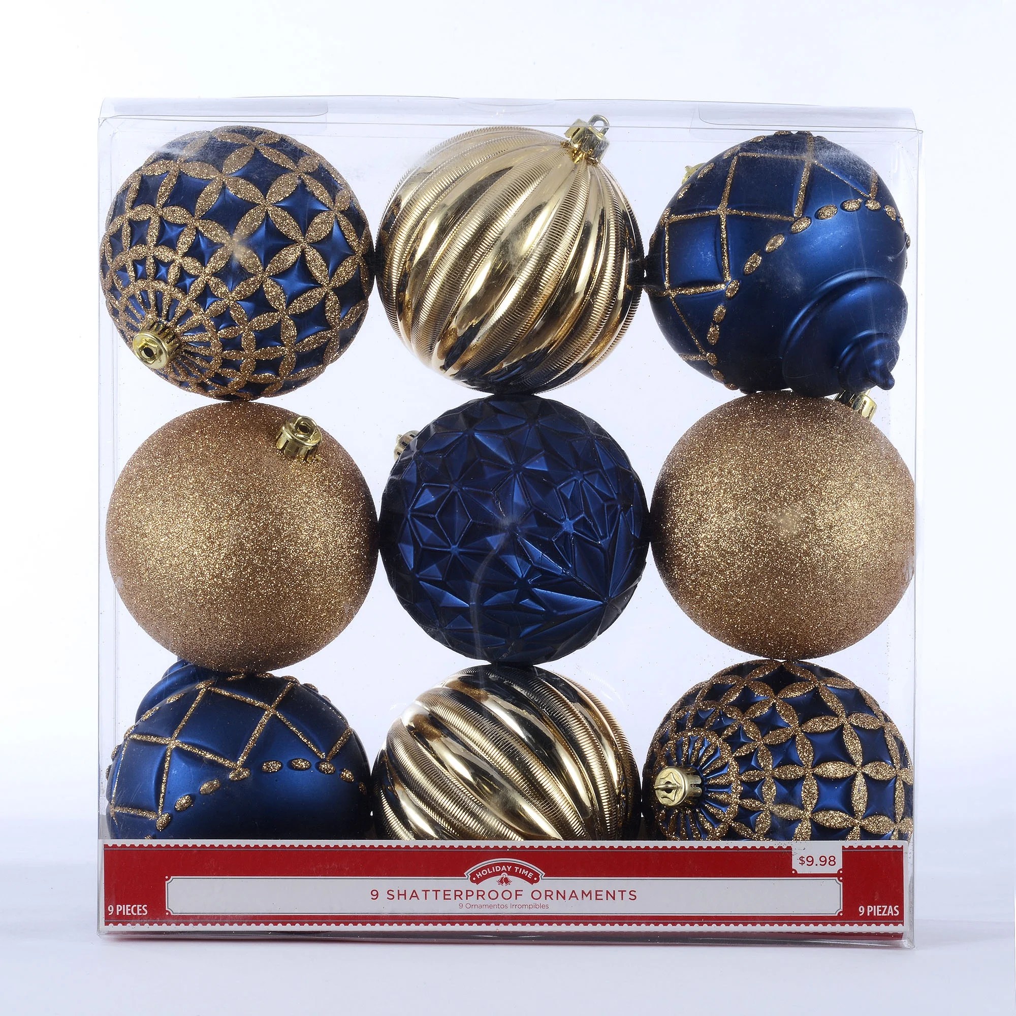 Holiday Time Shatterproof Ornaments, Navy Blue & Gold, 9 Count