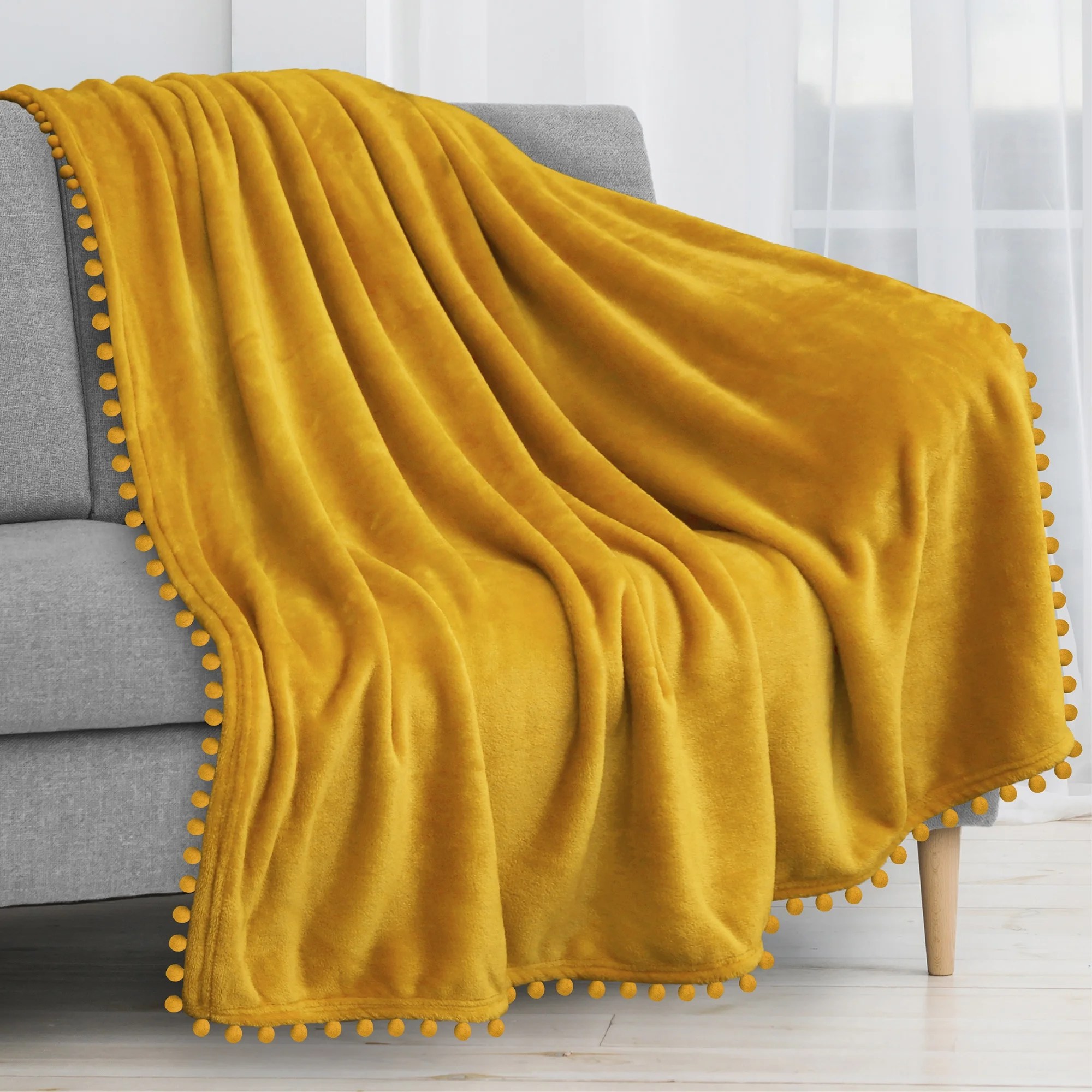 PAVILIA Pom Pom Blanket Throw, Mustard Yellow Gold Soft Fleece Pompom